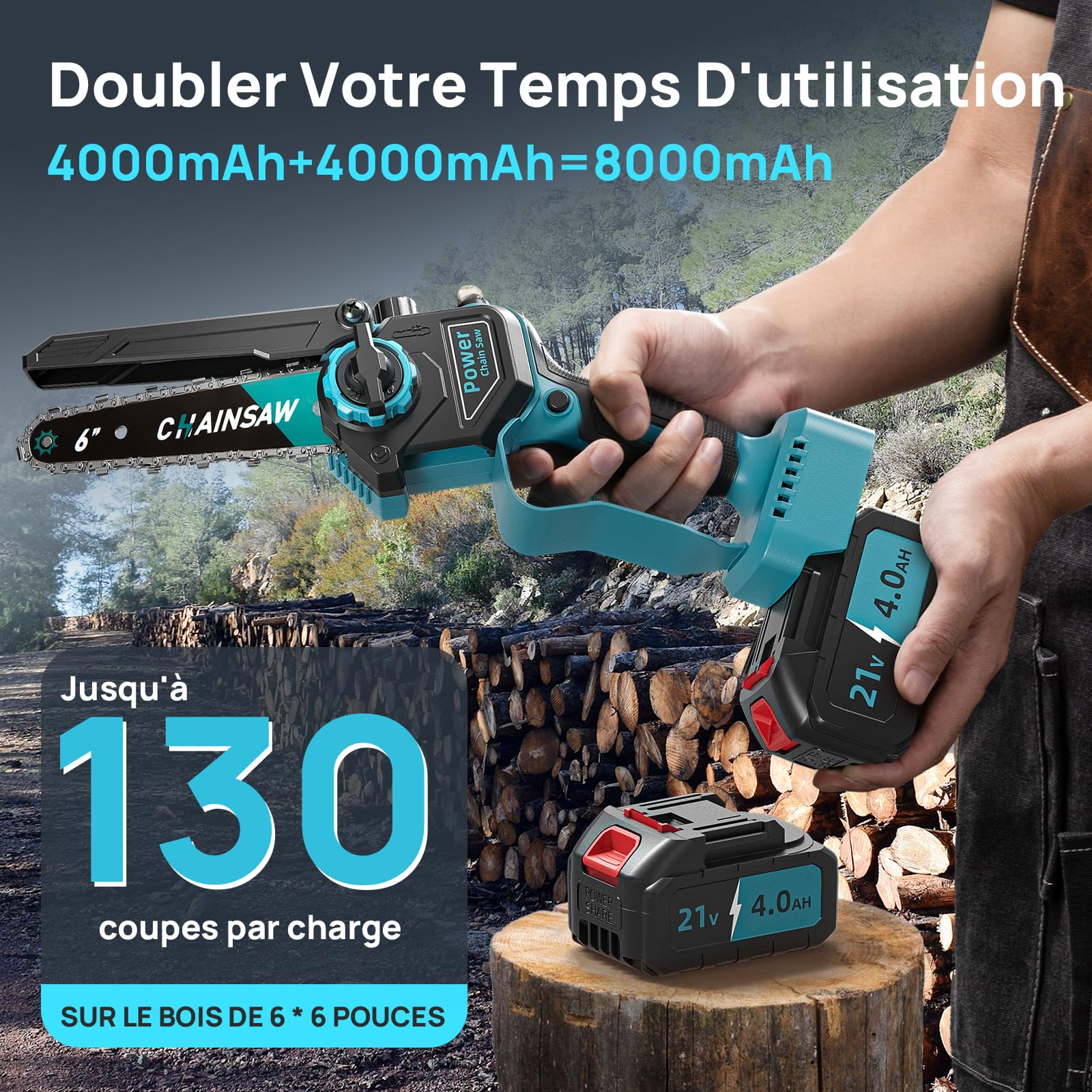 Mini Tronconneuse a Batterie 8000mAh 6 Pouces 1000W Sans Fil Brushless avec Graisseur Automatique Compatible Makita