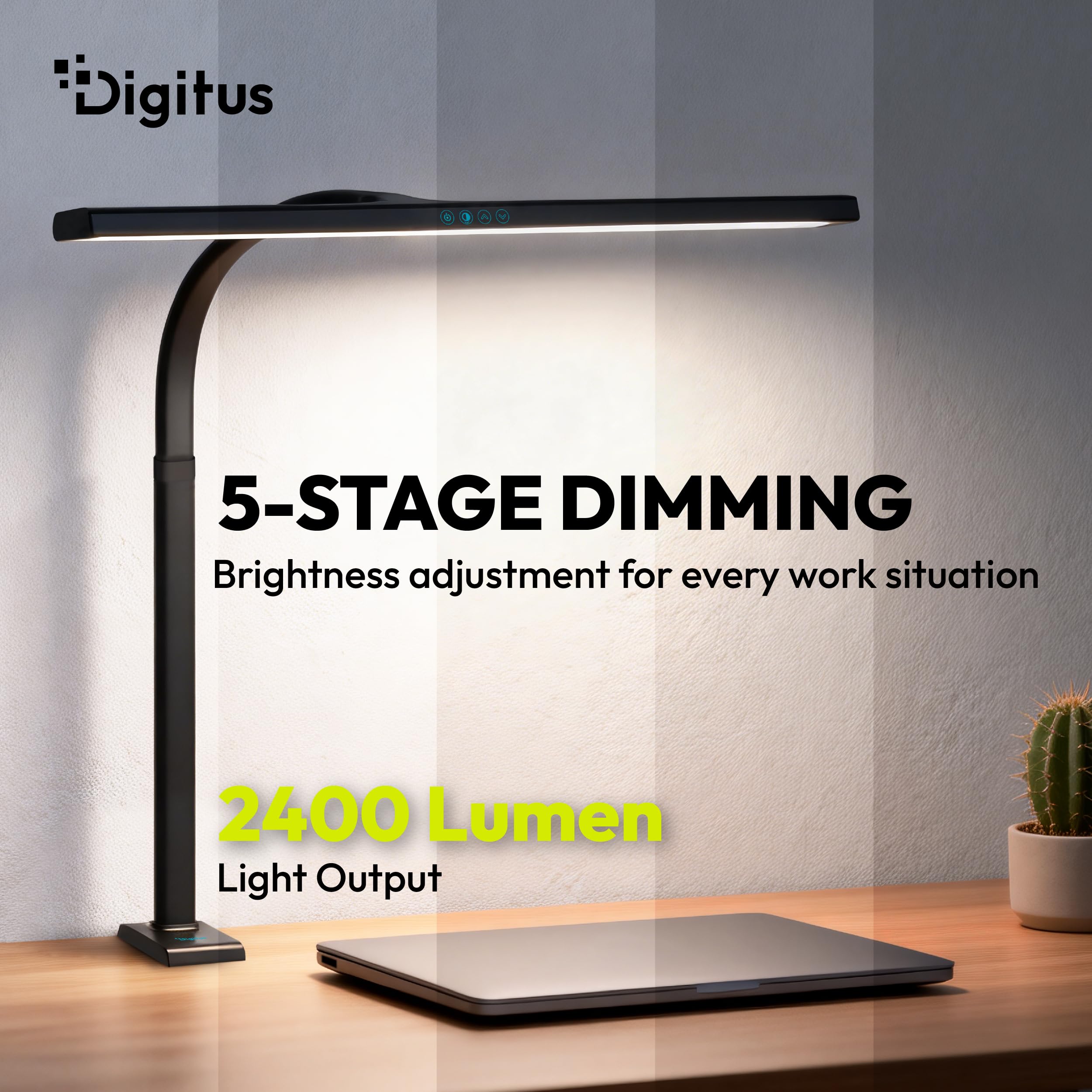DIGITUS LED Schreibtischlampe – 2400 Lumen – 80 cm Breit – 16W – Schwarz | 1000 Lux – 4-stufige Farbtemperatur – Dimmbar – Touch-Control – flexibler Lampenarm – Klemmfuß – Tageslichtlampe