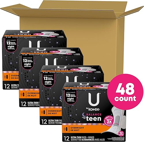 Miniatura 2 de U By Kotex Almohadillas femeninas ultradelgadas para adolescentes con alas, protección durante la noche, sin perfume, 12 unidades (paquete de 4) (el