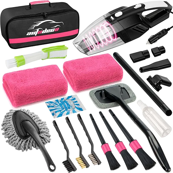 AUTODECO 20Pcs Car Cleaning Wash Kit Interior Detailing Cleaner Kit with High Power Handheld Vacuum, Brush Set, Windshield Tool, Duster, Towels, Complete Car Care Tools, Pink