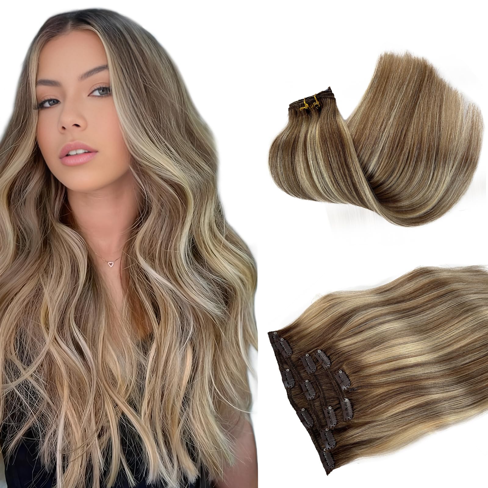 Clip in Extensions Balayage Brown to Blonde Real Hair Extensions Clip in Human Hair 15 Inch Short Thick Human Hair Extensions Ash Brown with Bleach