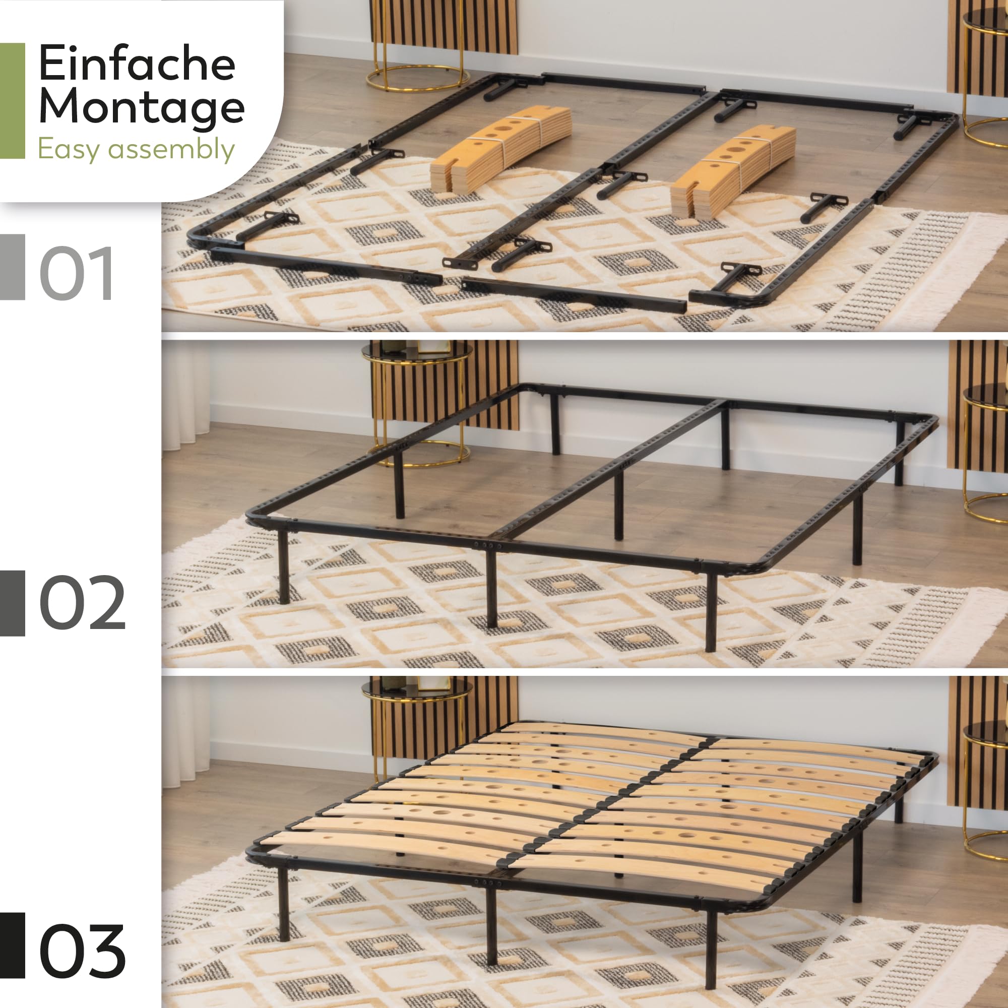 i-flair Metallbett Austen 140x200 cm – stabiles Bettgestell mit perforierten Latten aus Birkenholz für optimale Belüftung, Gästebett aus Metall mit 27 cm Stauraum, Doppelbett in schwarz