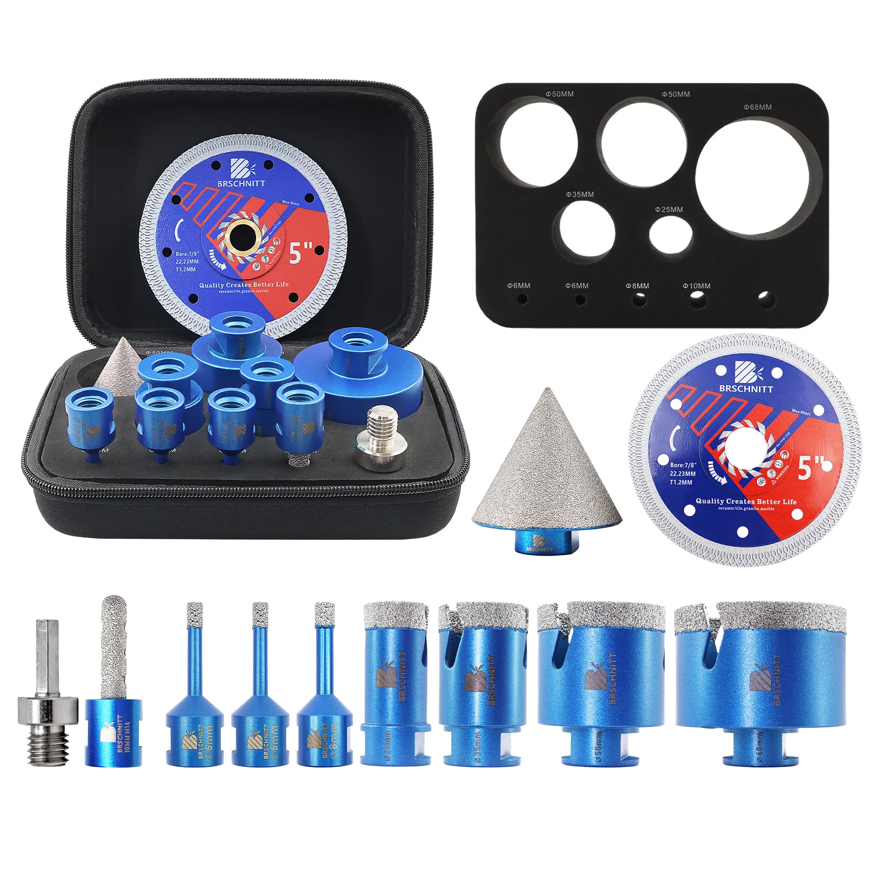 BRSCHNITT Diamond Core Drill Bit Set - Tile Hole Saw Kit for Porcelain Ceramic Marble Granite Drilling（6/6/8/25/35/50/68& 10 finger bit&50 chamfer bit）.