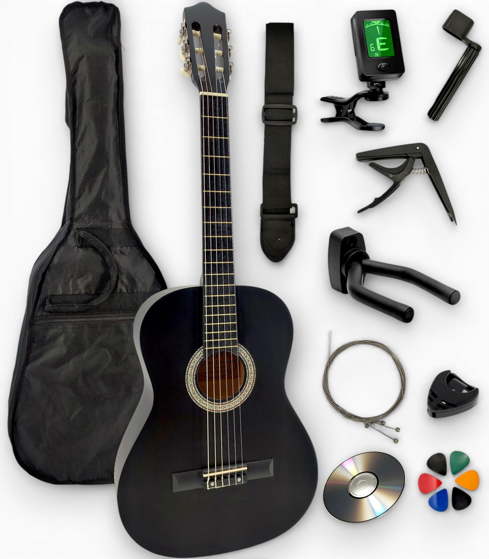 Set chitarra classica 4/4 (adulto) con 6 accessori e corso video e DVD (nero).