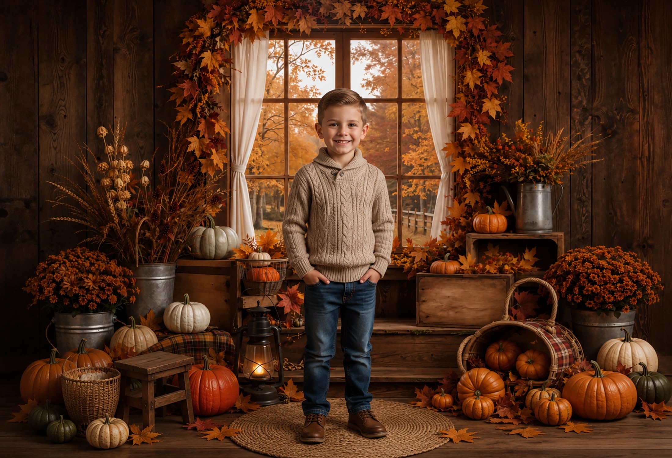 Rustykalne jesienne tło fotograficzne z drewnianym oknem Kate 7 x 5 stóp / 2,2 x 1,5 m drewniana chata z dyniami idealna na rodzinne sesje zdjęciowe baby shower imprezy i portrety