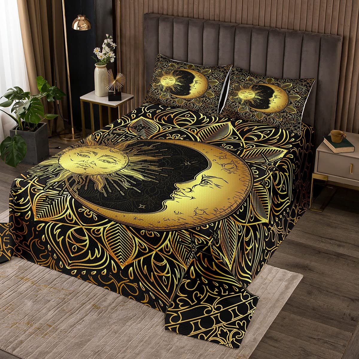 Böhmische Tagesdecke 240x260 3D Golden Sonne Und Mond Bedrucktes Bettwäscheset Für Kinder Teenager Erwachsene Mandala Gesteppte Bettdecke Traumfänger Bettdecke Set, Trippy Boho Hippie Dekor, Schwarz