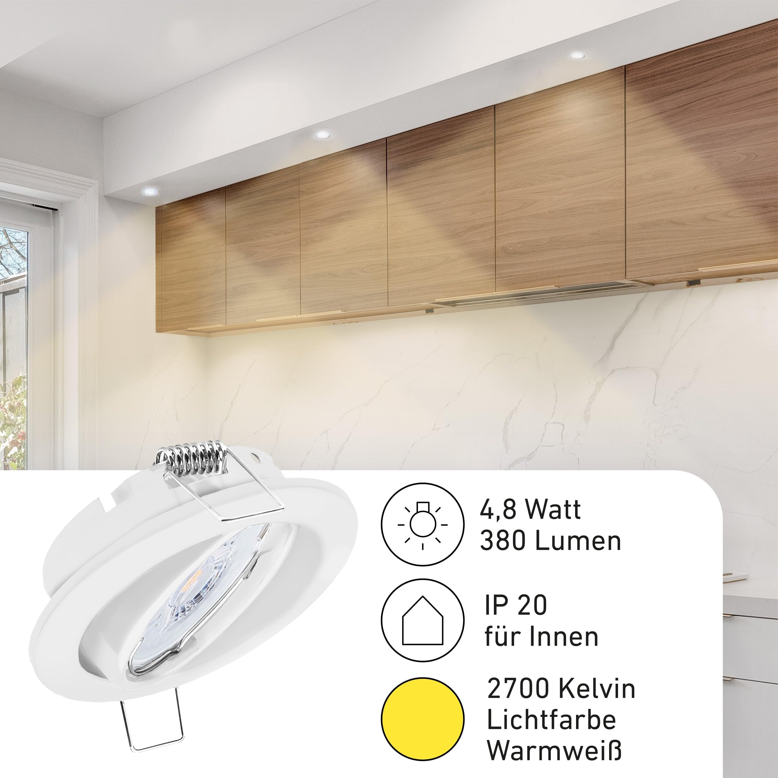 Oktaplex 12x Set Dijon LED Spots 230V 3-Step dimmbar schwenkbar flach | 22mm Einbautiefe, Warmweiß 2700K, Lochmaß 68mm, 4,8W, 380lm, 110°, Einbaustrahler Weiß, rund