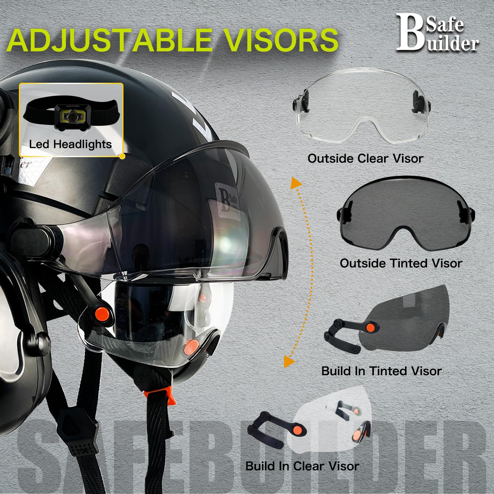 SAFEBUILDER Casco de seguridad con visera Bluetooth SNR 26dB casco duro con viseras montadas, orejeras ventiladas ANSI Z89.1