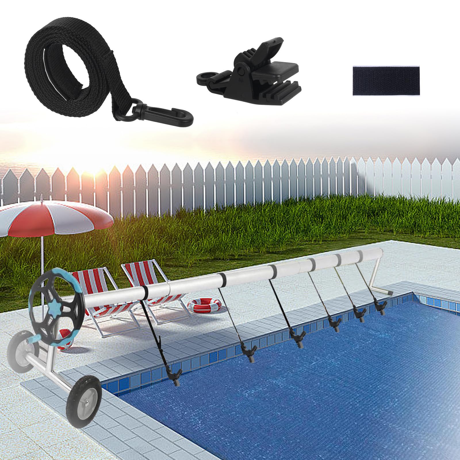 Correa para enrollador de piscina, juego de 6/8 correas de protección para lona de piscina, carrete de piscina, juego de 6/8 bandas de fijación y abrazaderas, accesorios de piscina (juego de 8 piezas)
