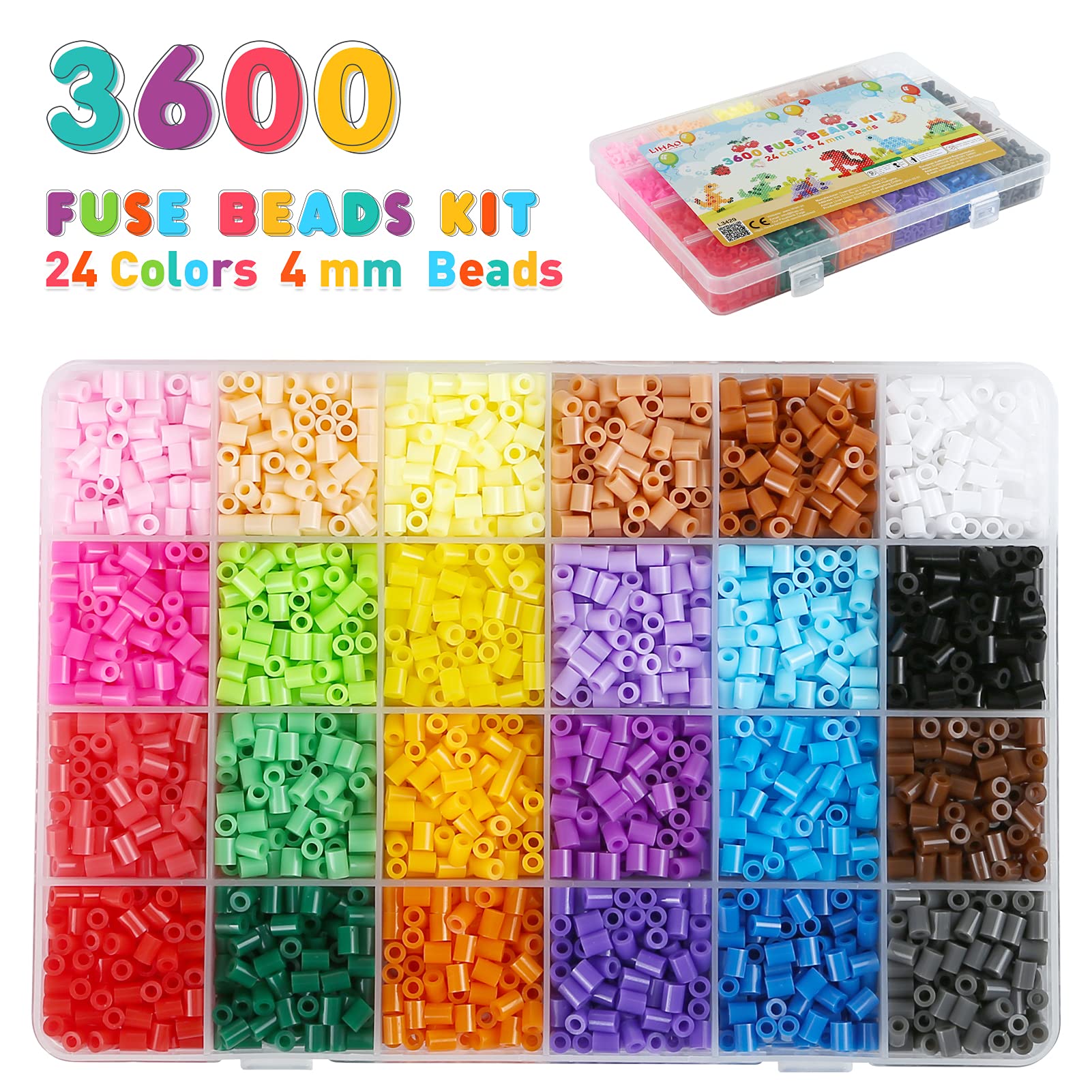 LIHAO zestaw 3600 koralików do prasowania, w pudełku do sortowania, dla dzieci, koraliki DIY do płytki (4 mm, 24 kolory)