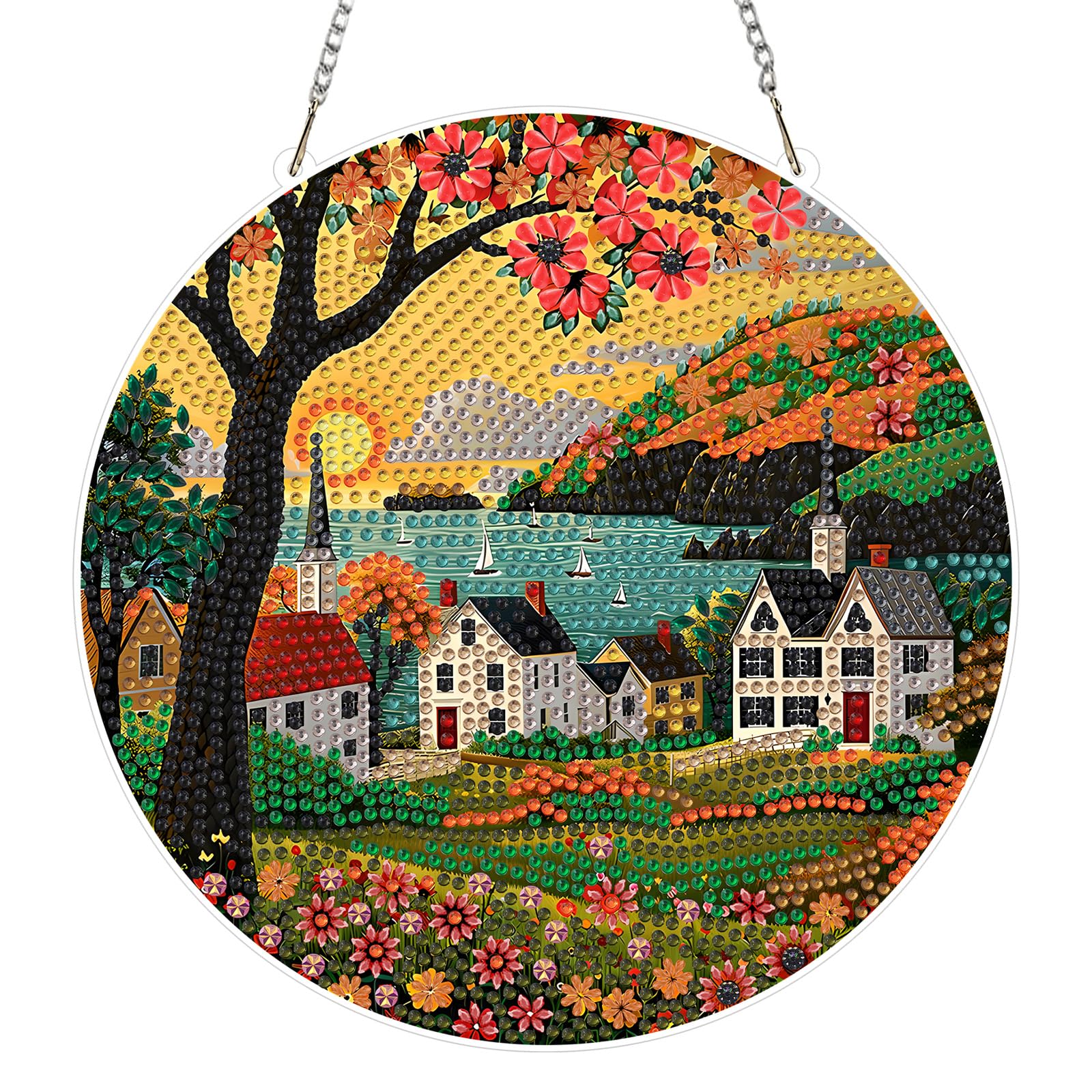 NEWENMO 5D Seaside Village Scenery Diamond Painting Hanging,Landscape Diamond Art Hanging Ornament Kits,Crystal Rhinestone Acrylic Gem Art Pendant Ornaments,for Windows,Walls,Doors and Garden Decor โ image 1