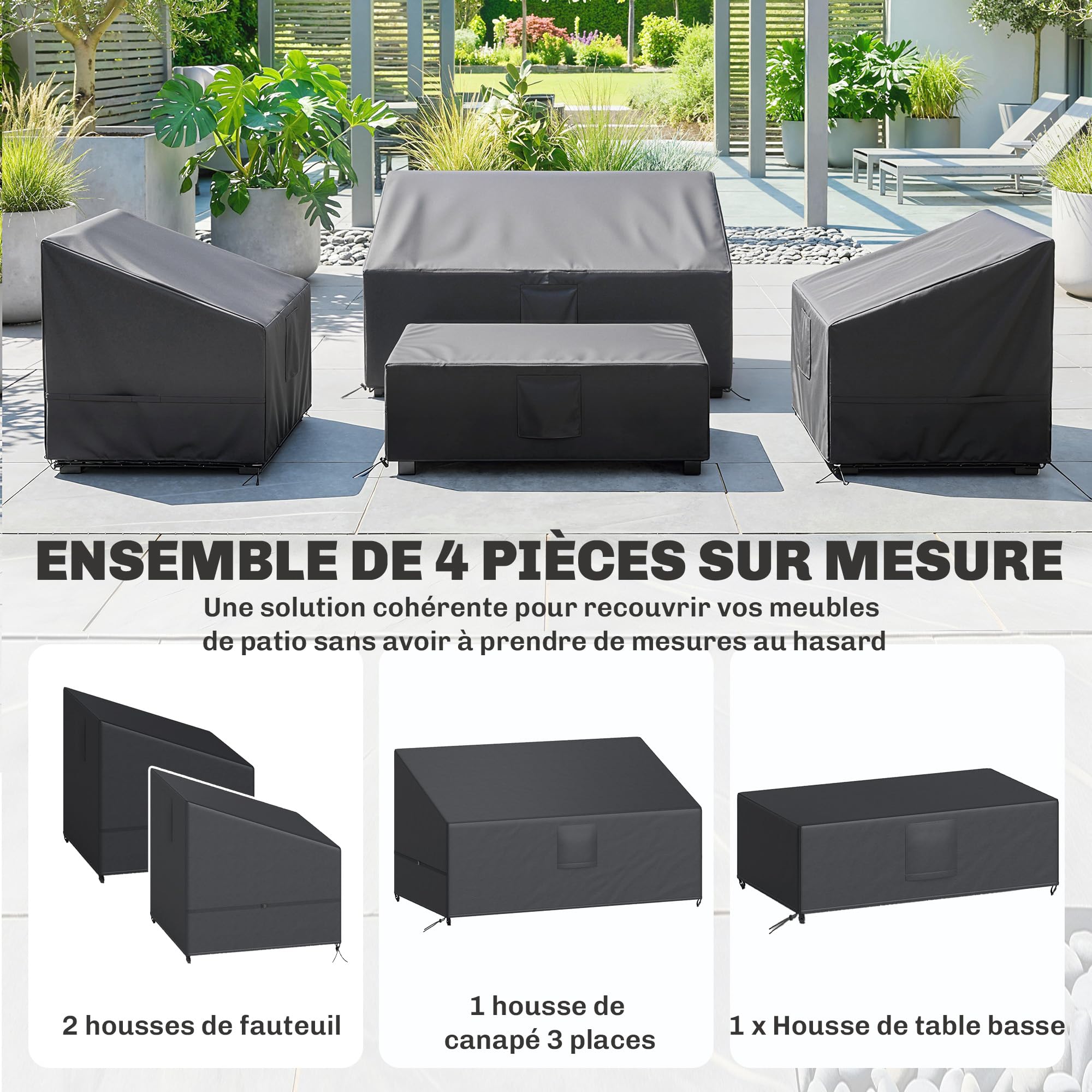 Outsunny Ensemble de 4 Housses Salon de Jardin Imperméables 420D Tissu Oxford, Bâche de Potection Extérieure avec 6 Évents et Sac de Rangement, pour Table et Canapé, Noir