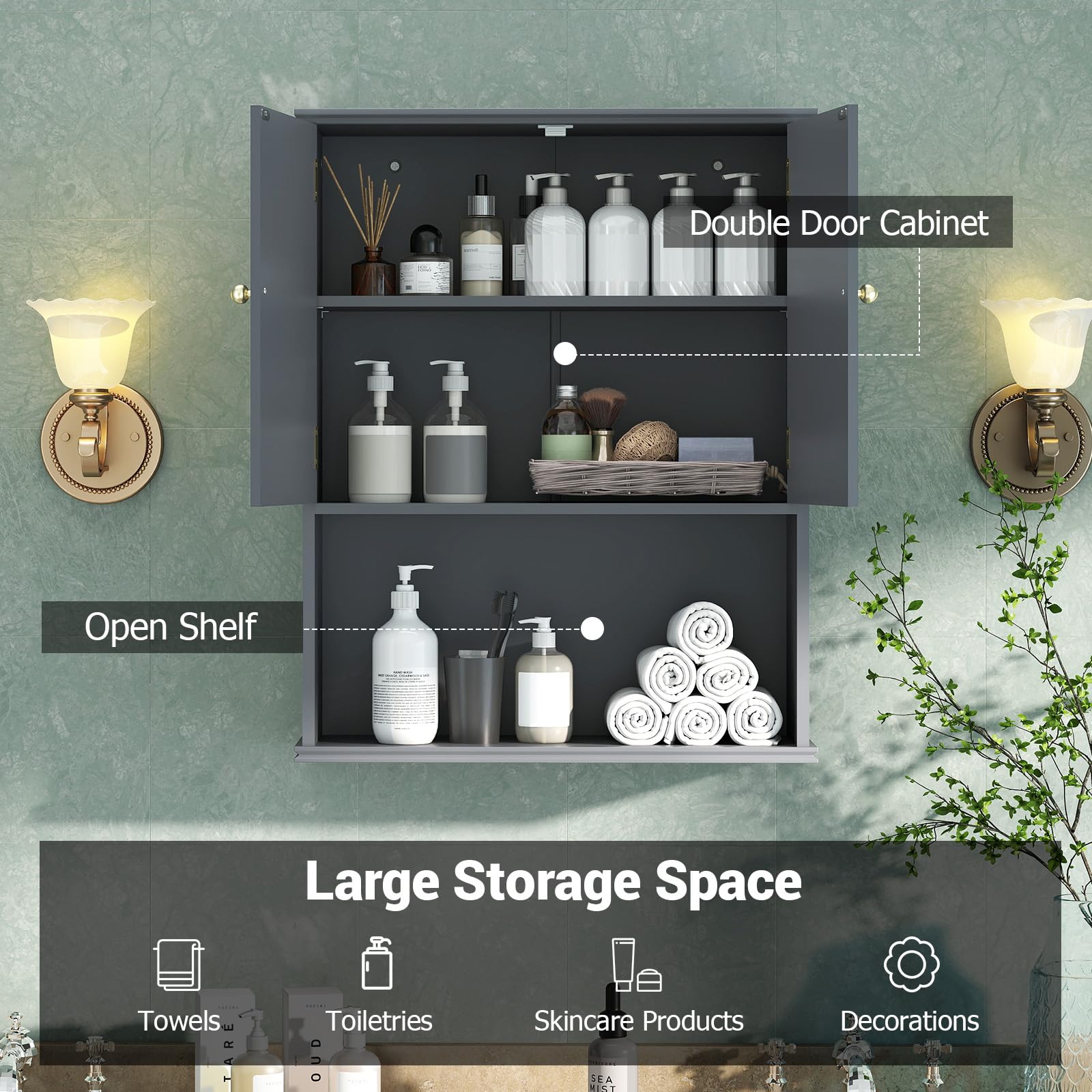 LIFEZEAL Meuble de Salle de Bain Mural, Armoire de Rangement Suspendue avec étagère Réglable, Compartiment Ouvert, Meuble de Salle de Bain Moderne en Bois pour Salle de Bain, Cuisine (Gris)