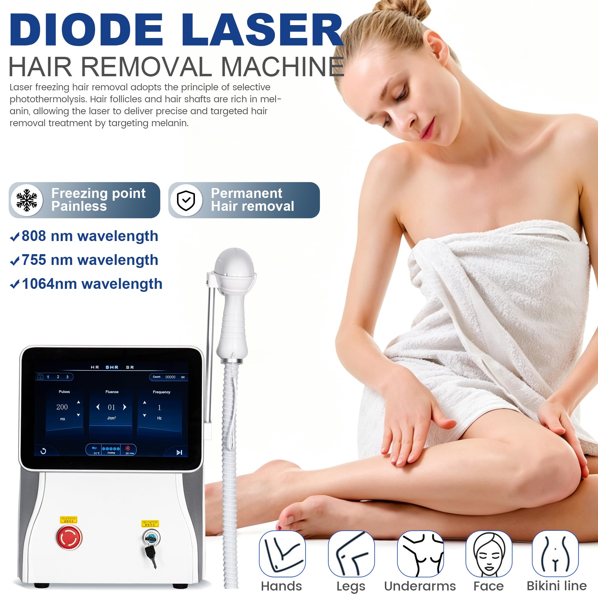 Dispositivo profesional de depilación láser de diodo de 808 nm, depilación permanente e indolora, pantalla de alta definición, con mango refrigerado, apto para uso doméstico y en spas.
