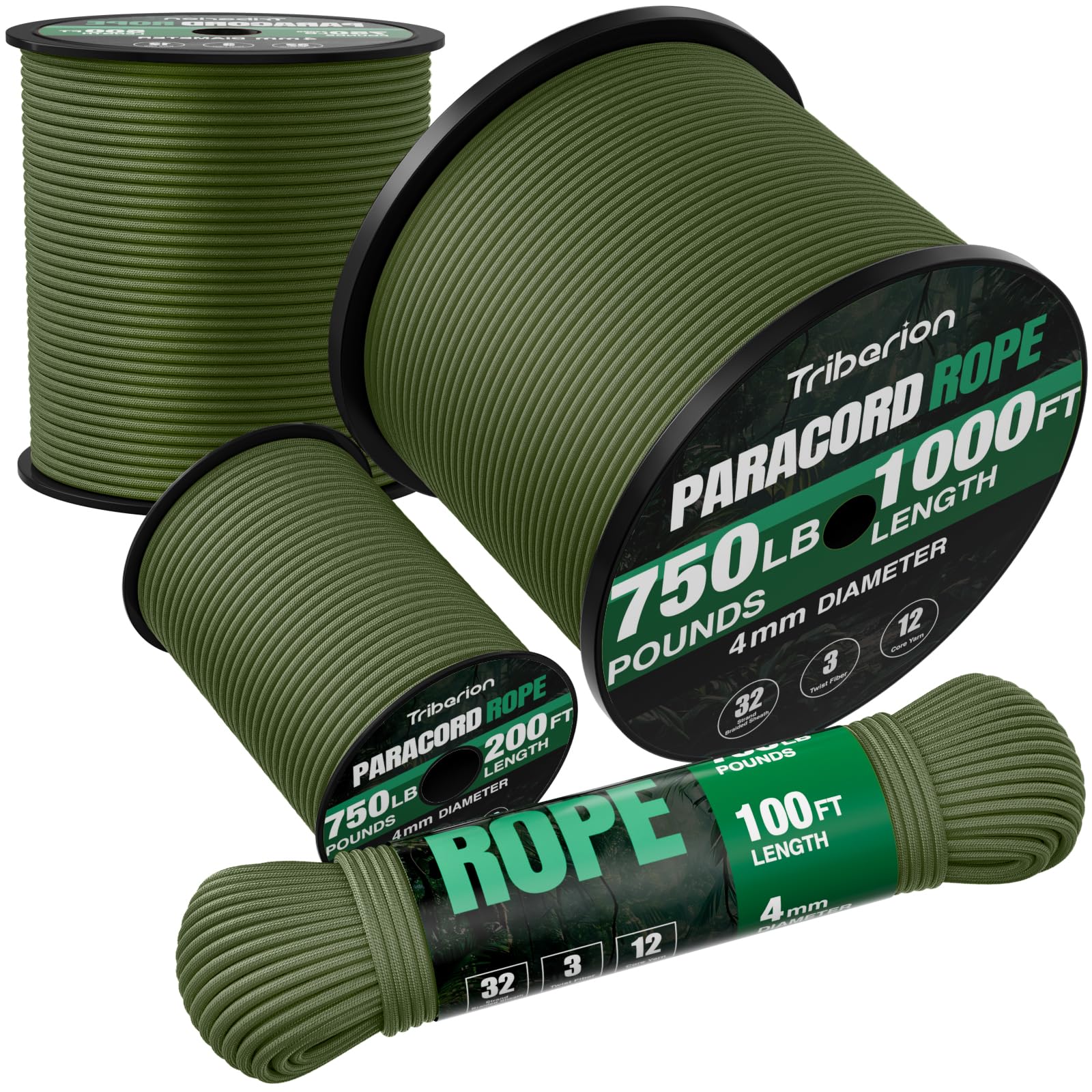 TRIBERION Paracord Rope 750 lb - 1000ft / 500ft / 200ft / 100ft 5/32" Parachute Cord 4MM 12-Strand para Cord - Heavy Duty Spool String for Survival,Camping Gear, Survival Bracelet, Clothesline