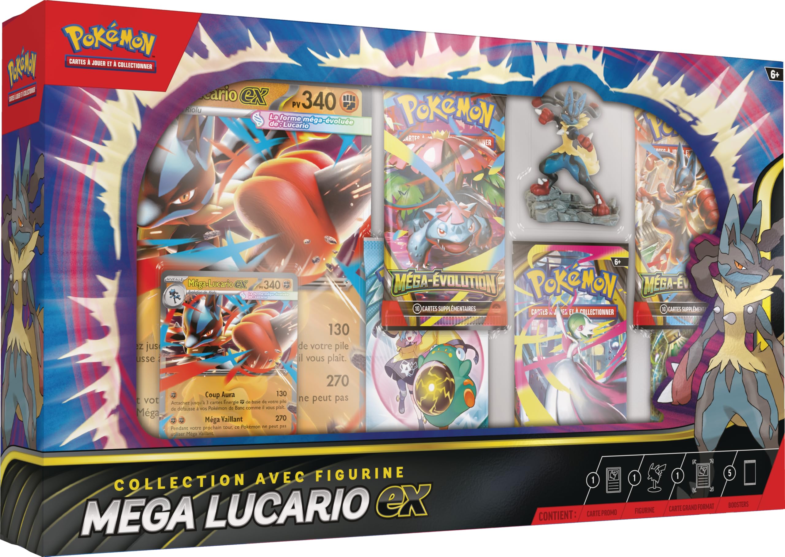 Pokémon : Collection avec Figurine Méga-​Lucario-​ex (1 Carte Promo Brillante texturée, 1 Carte Promo Grand Format, 5 boosters et 1 Figurine de Méga-​Lucario) du JCC Pokémon
