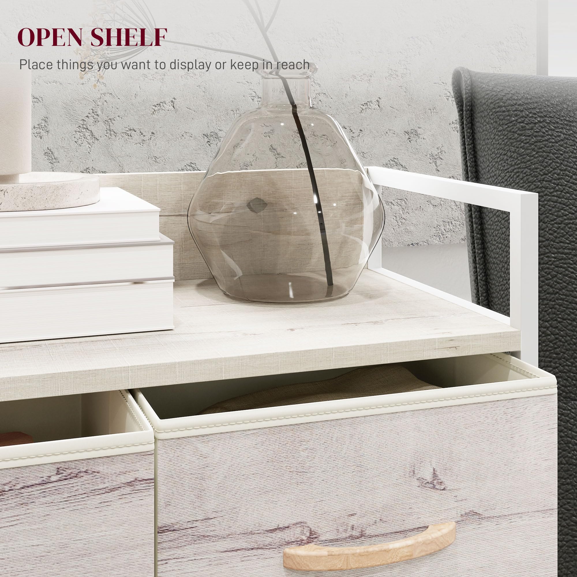 HOMCOM Kommode aus Stoff 4 Schubladen, Naturholz-Optik | Schlafzimmer, Aufbewahrungs-Organizer, offenes Regal, Metallrahmen, Wohnzimmer, Eingangsbereich