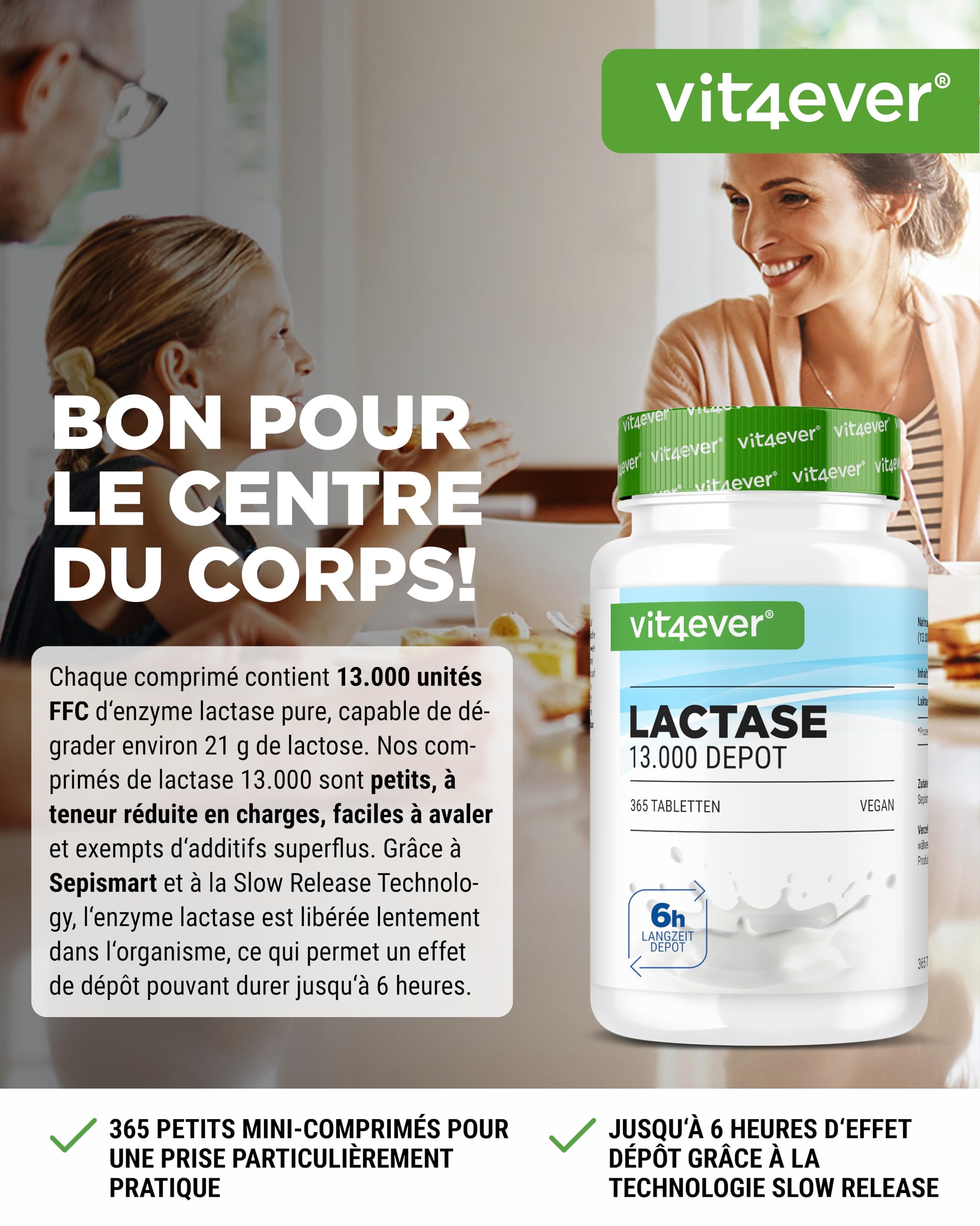 Lactase 13 000 Depot - 365 Comprimés à Libération Prolongée (Sepismart® Slow Release) - Hautement Dosé avec 13 000 Unités FCC - Pour Intolérance au Lactose et Intolérance au Lait - sans Additifs