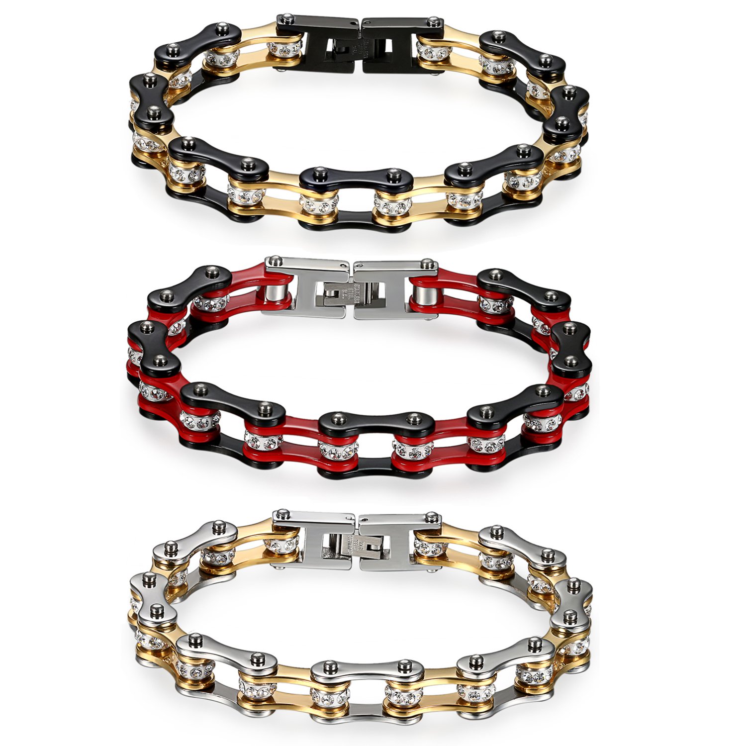 JewelryWe Schmuck Herren Armband, Top-Qualität Fahrradkette Motorradkette Hochglanz Poliert Armkette, Edelstahl Strass, 3 Farben