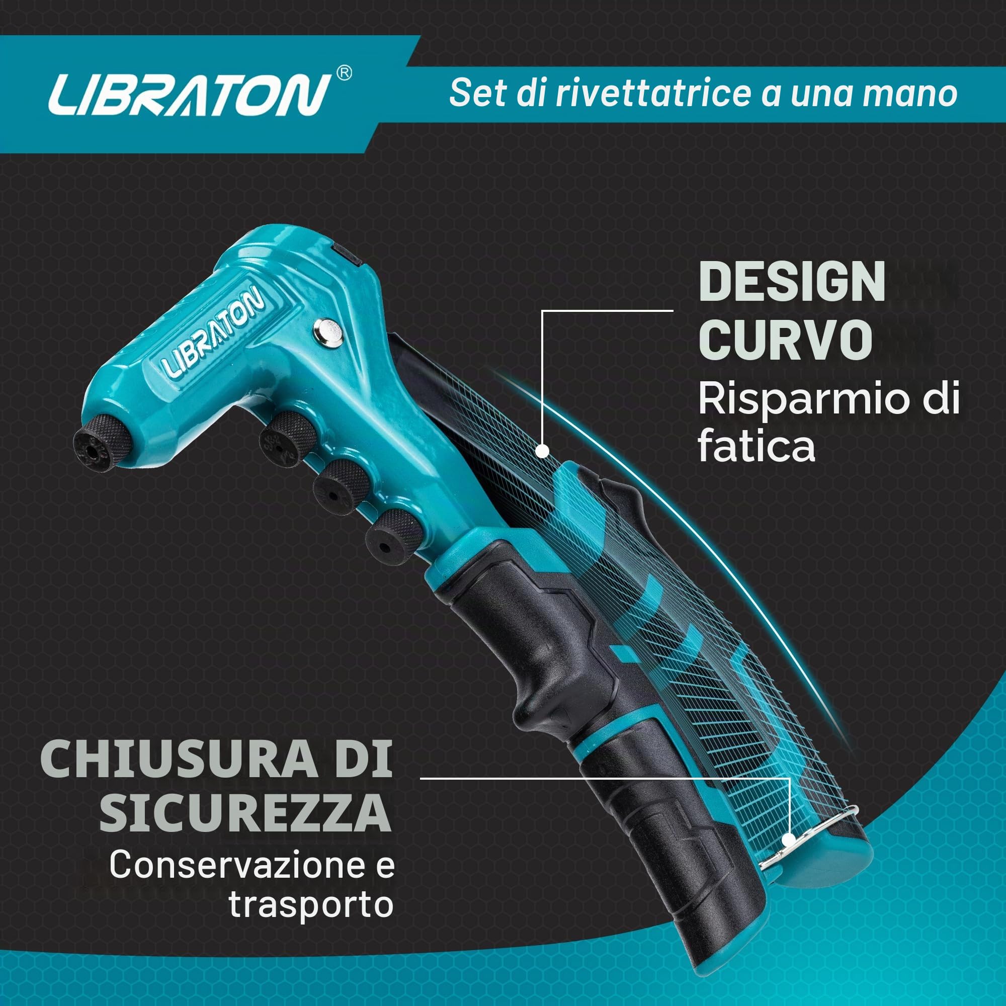 LIBRATON Rivettatrice Manuale, Pistola Rivettatrice Professionale con 200 Rivetti in Alluminio, Include 4 Punte da Trapano, 4 Teste di Rivetto Senza Utensili (2,4mm, 3,2mm, 4,0mm, 4,8mm)
