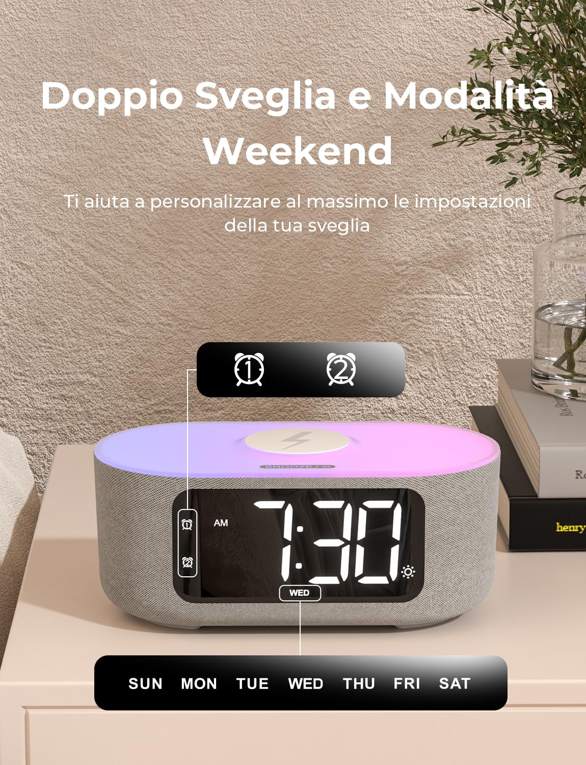 LIORQUE Sveglia Digitale Da Comodino Con Ricarica Wireless Da 15 W, Bluetooth,Doppi Allarmi, Snooze, Luce Noctturna, Timer Di Spegnimento, 10 Luminosità, 16 Livelli Di Volume,per Camera Da Letto