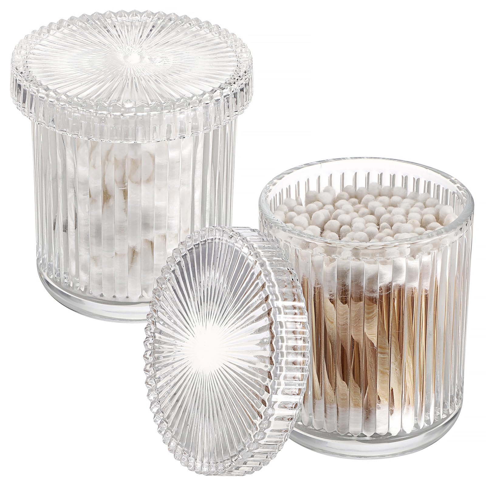 OLegei Glass Cotton Ball and Swab Holder Organizer, Set of 2 Bathroom Glass Storage Jars with Lid, Q-tips Floss Dispenser, Vanity Makeup Accessories Storage Jar, Apothecary Storage Canister(Clear)
