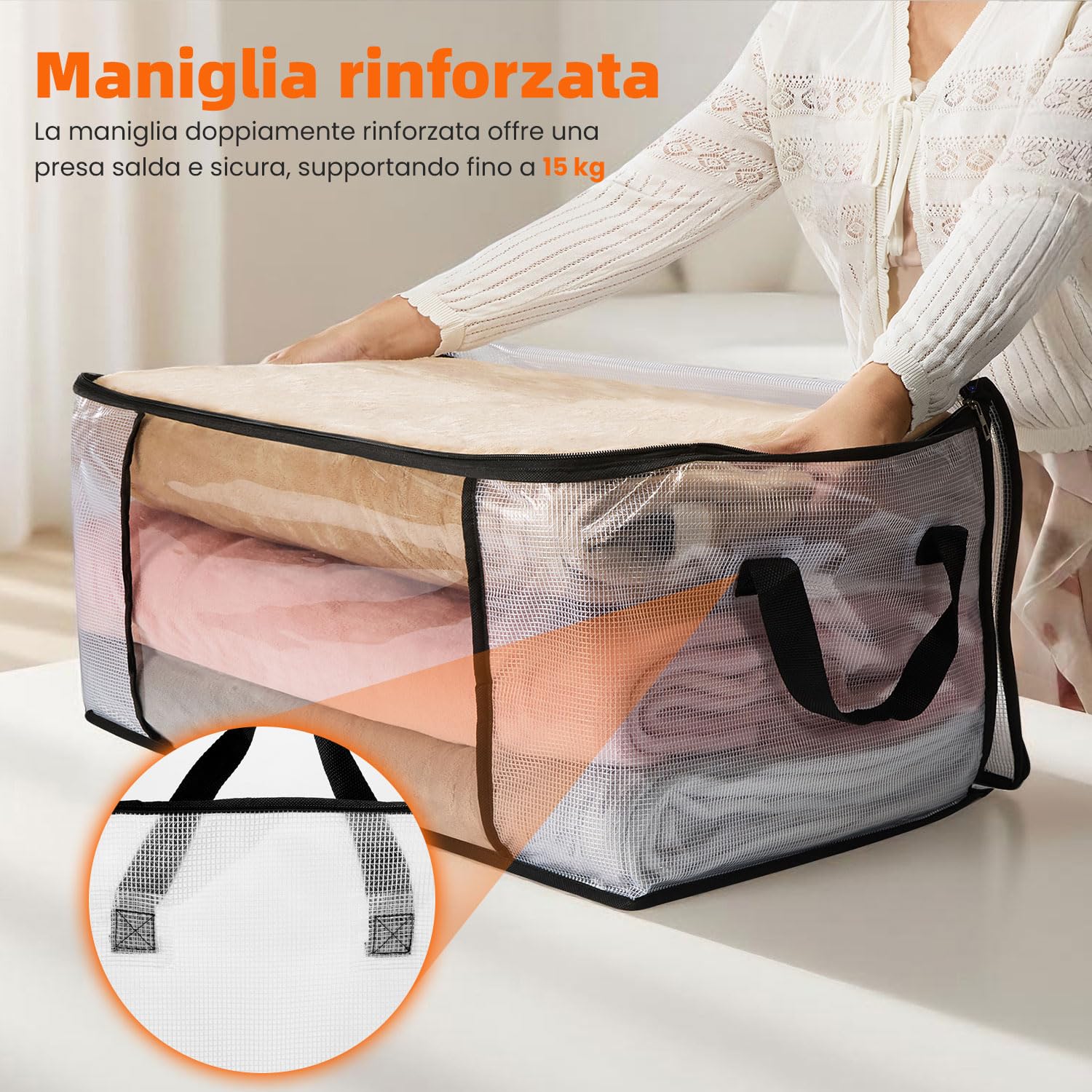 3 Pezzi Scatole per Vestiti Trasparenti 35L – Contenitori Pieghevoli con Cerniera e Manici – Organizer Salvaspazio per Armadio o Sotto Letto