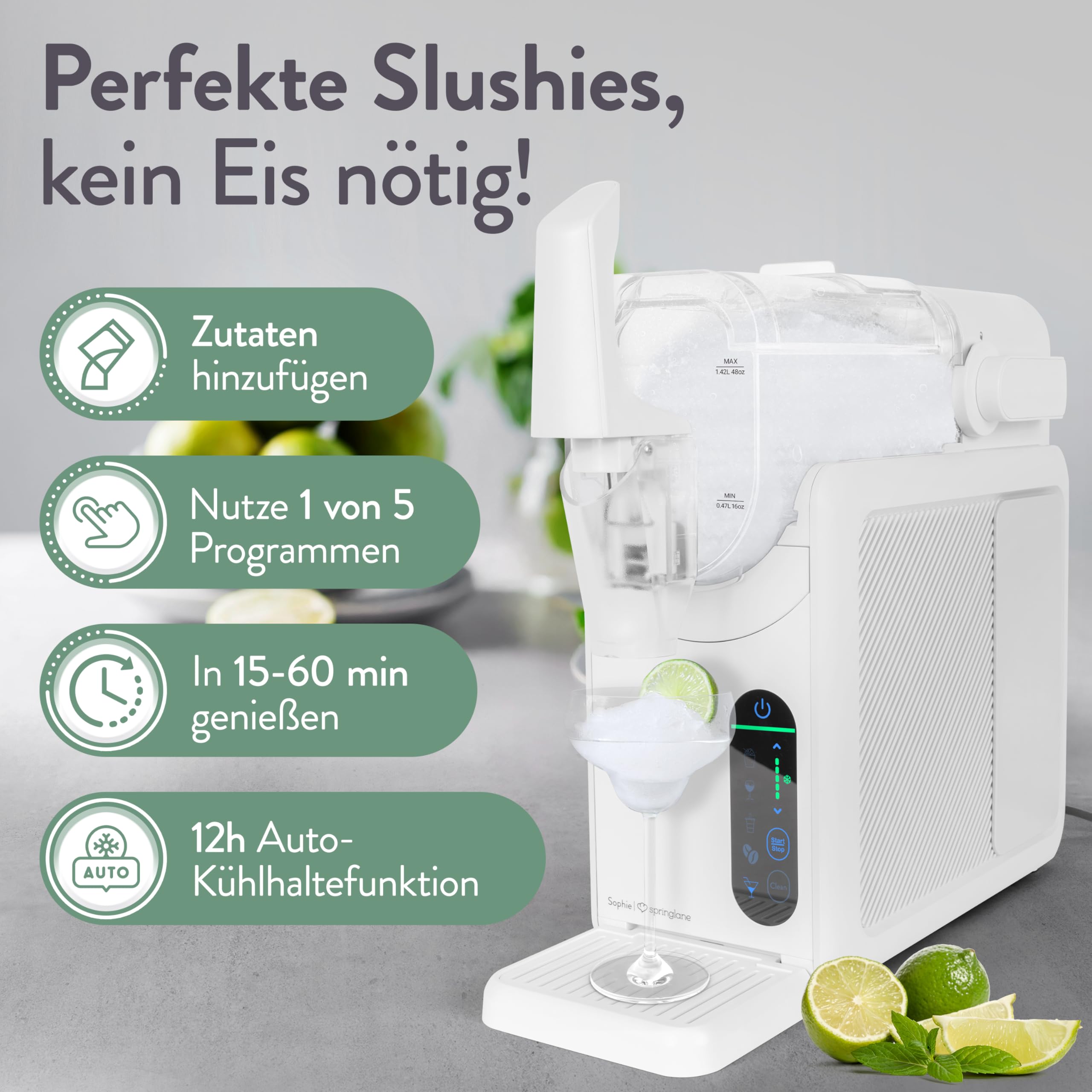 Springlane 2 Liter Slush Maschine inkl. Rezeptbuch, 5-in-1 Slushie Maschine für Slushies, Cocktails, Frappés, Milchshakes oder Weinslush, einstellbare Konsistenz & Selbstreinigung - Weiß