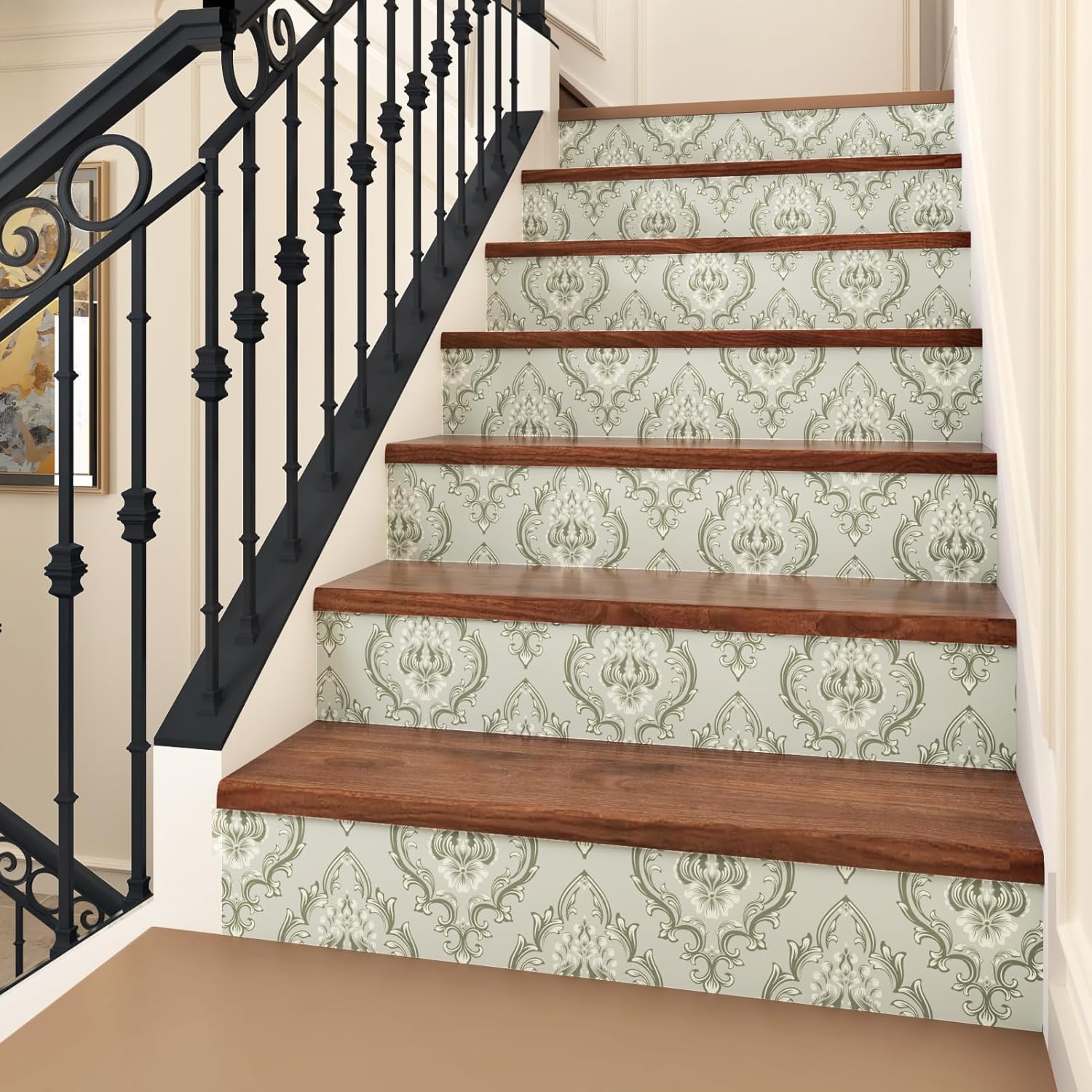 Victorian Damask Peel and Stick Wallpaper Vintage Contact Paper for Walls Neutral Damask Wallpaper Green Boho Floral Contact Paper for Bedroom Living Room Accent Wall Cabinets 17.5" x 102"