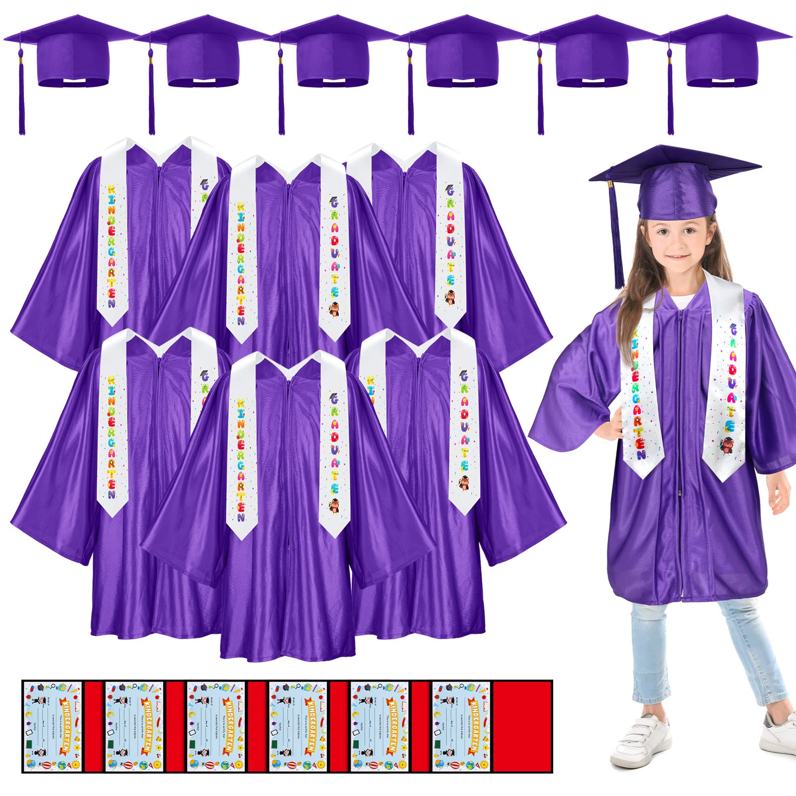 24 Pcs 2024 Preschool Kindergarten Graduation Gown Stole Cap with Tassel Graduation Diplomas for Kid Graduation Party