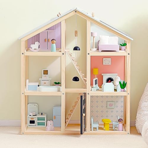 Miniatura 4 de Casa de muñecas de madera de 3 pisos con muebles de 38 piezas  Casa de juegos moderna de fácil montaje  Techo verde menta, colores neutros de género