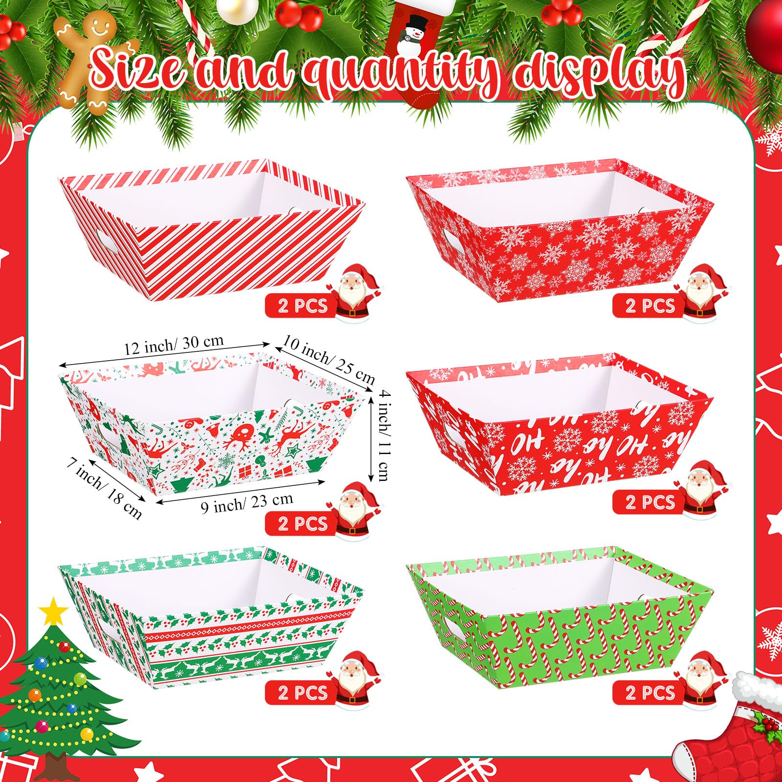 Cholemy Confezione da 12 cesti regalo natalizi vuoti da 30 x 25 x 10 cm, include 12 cesti regalo in cartone con manici, 12 sacchetti avvolgenti, 12 fiocchi da tirare per Natale, matrimoni, anniversari