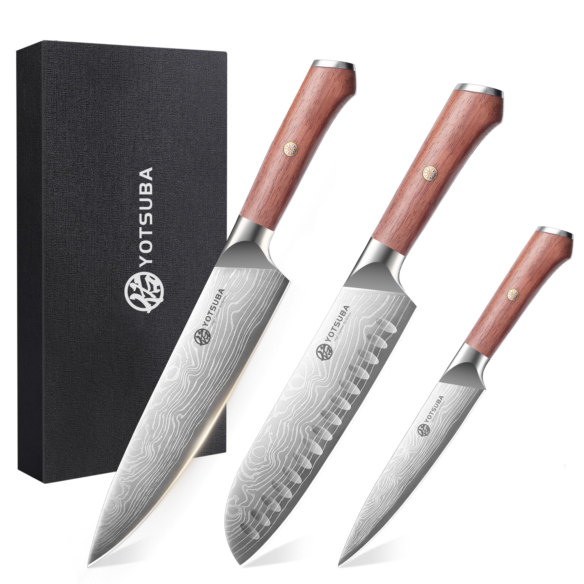 YOTSUBA 3 PCS Japanese Kitchen Knife Set with Full Tang Rosewood Handle