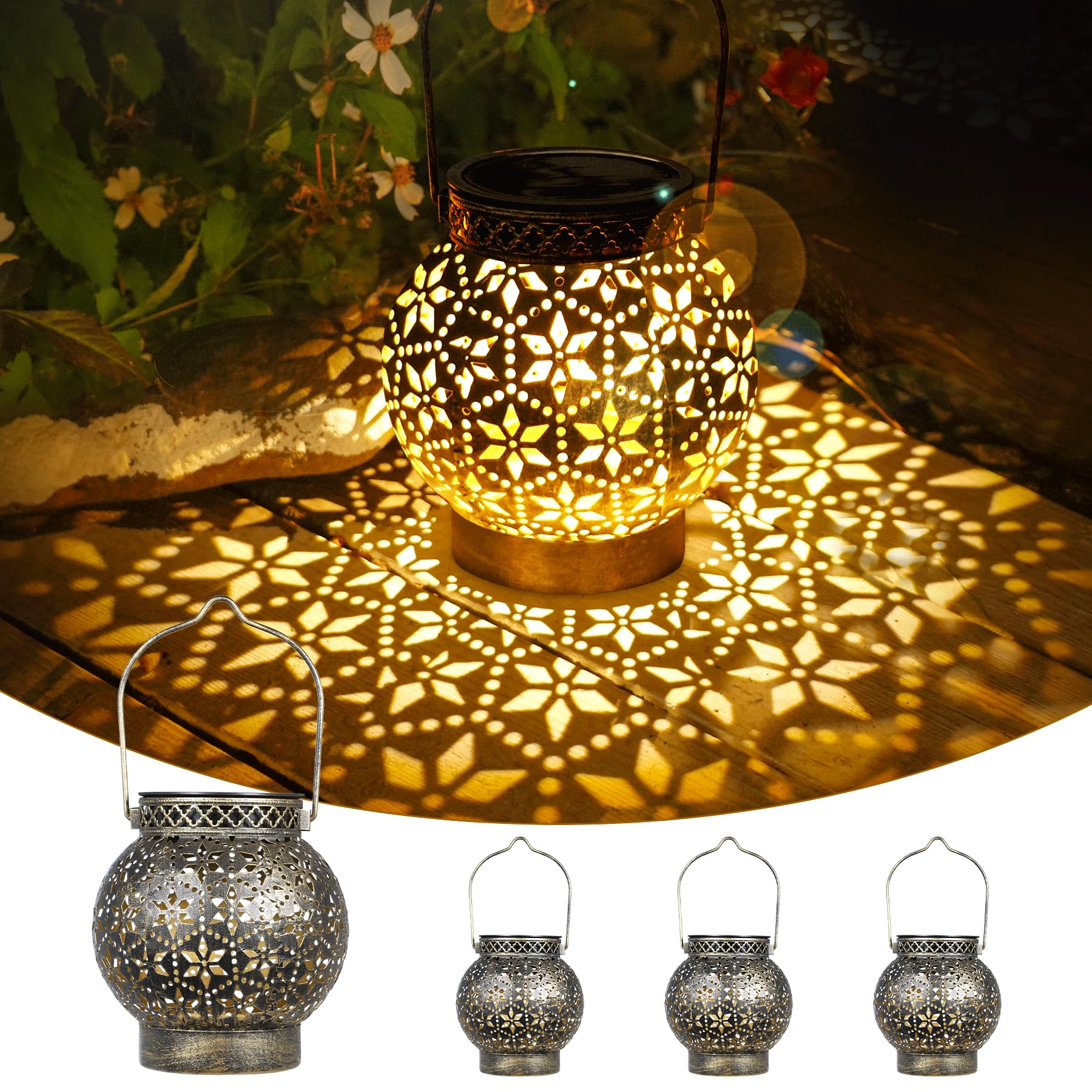 4 Stück Solarlampen für Außen Garten (Bronze), Metall Solarlaterne für Außen Retro Balkon Deko, IP65 Wetterfest Solarleuchte Hängend für Patio Baum Camping, Solar Laterne Geschenke für Frauen Mama