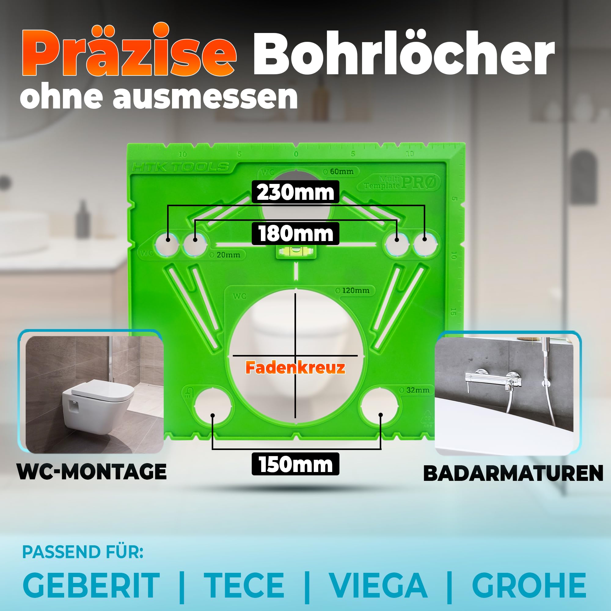 Anzeichenschablone Wand-WC - für Geberit, TECE, GROHE, VIEGA Vorwandelemente – Präzises Anzeichnen auf Fliesen & Gipskarton – Lochbild WC Schablone 18/23 cm, Fliesenleger Werkzeug