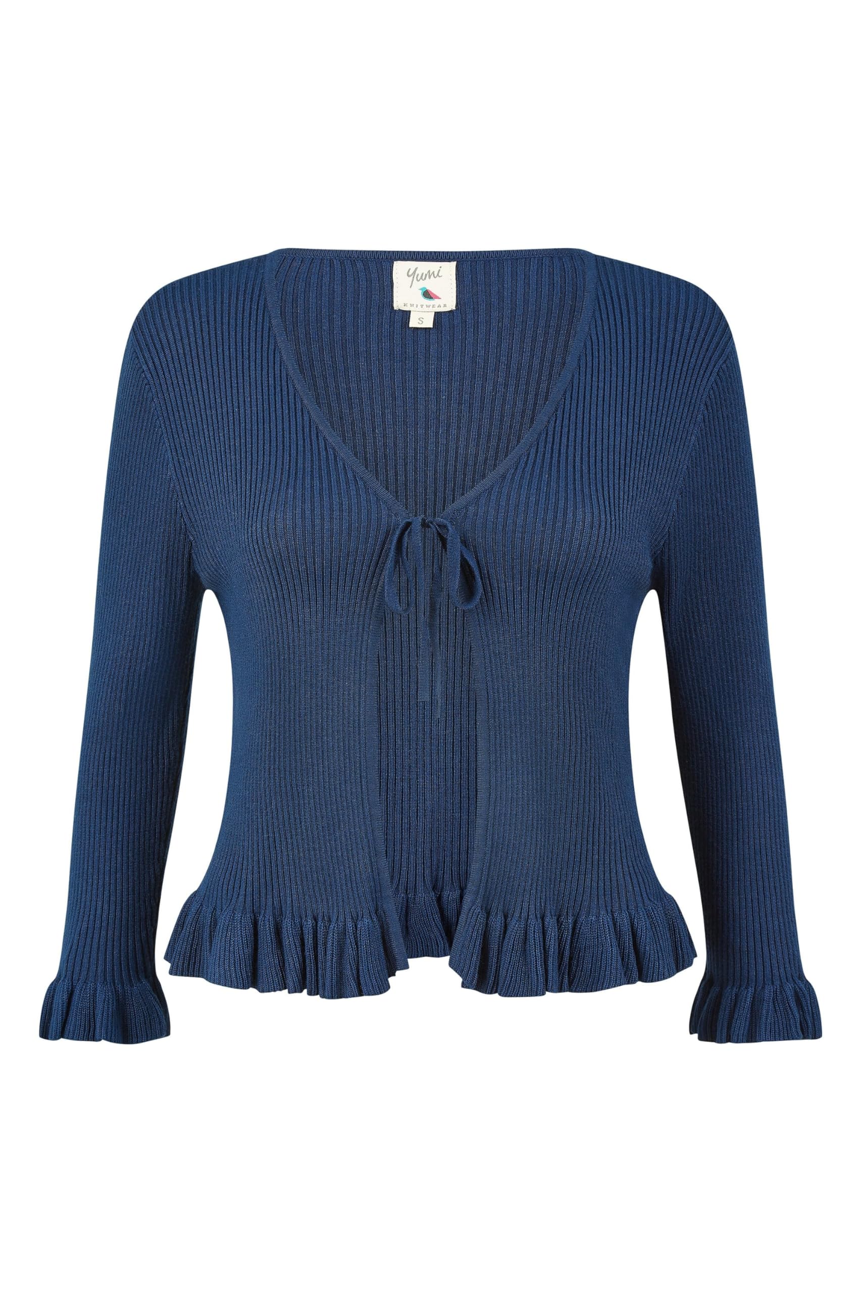 Yumi Women's Navy Tie Up Ribbed Cardigan With Frill Hem - Size M Uk