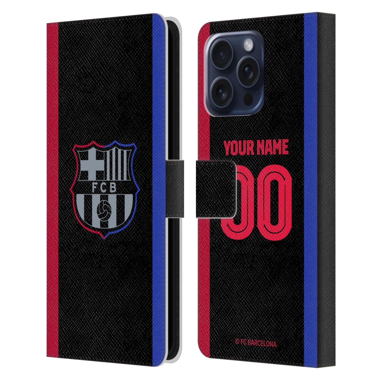 Head Case Designs Officially Licensed Custom Customized Personalized FC Barcelona Away 2024/25 Kit Leather Wallet Case Compatible with Apple iPhone 16