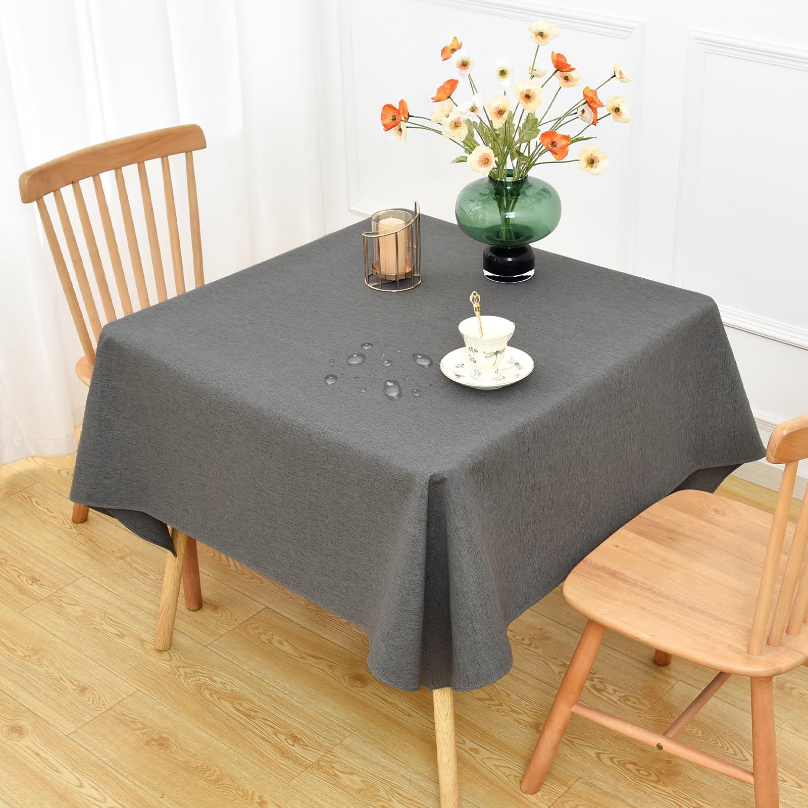 NEWISHER Farmhouse Water Resistant Square Tablecloth 138x138 cm (54x54 inch), Faux Linen Table Cloth Wipe Clean, Washable Table Cover for Kitchen Dining, Party, Banquet Indoor Outdoor (Dark Grey)