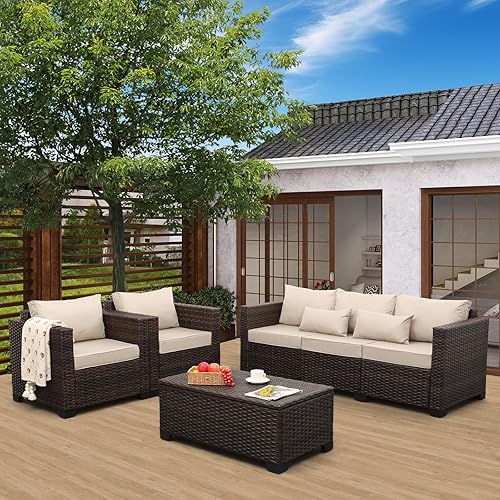 Outdoor Patio Furniture Set 4 Pieces Wicker Outdoor Furniture Chairs and Sofa Patio Storage Table Non-Slip Cushions and Waterproof Covers, Khaki