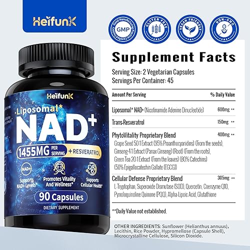 Miniatura 7 de Suplemento NAD, NAD liposomal + suplemento con resveratrol para mujeres y hombres, apoya la energía celular, la concentración y el envejecimiento