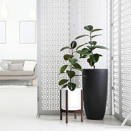 Miniatura 4 de D'vine Dev Maceta de cerámica con soporte de color nogal, maceta redonda moderna de 10 pulgadas con soporte para maceta de madera, color blanco,