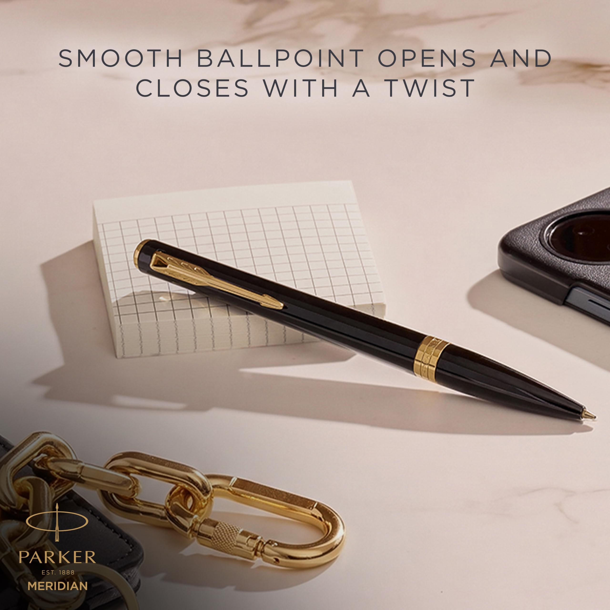 Parker Meridian Stylo à bille | Laque noire avec bordures dorées | Plume moyenne | Stylos pour l'écriture et Fournitures de papeterie | Encre bleue | Boîte cadeau de luxe