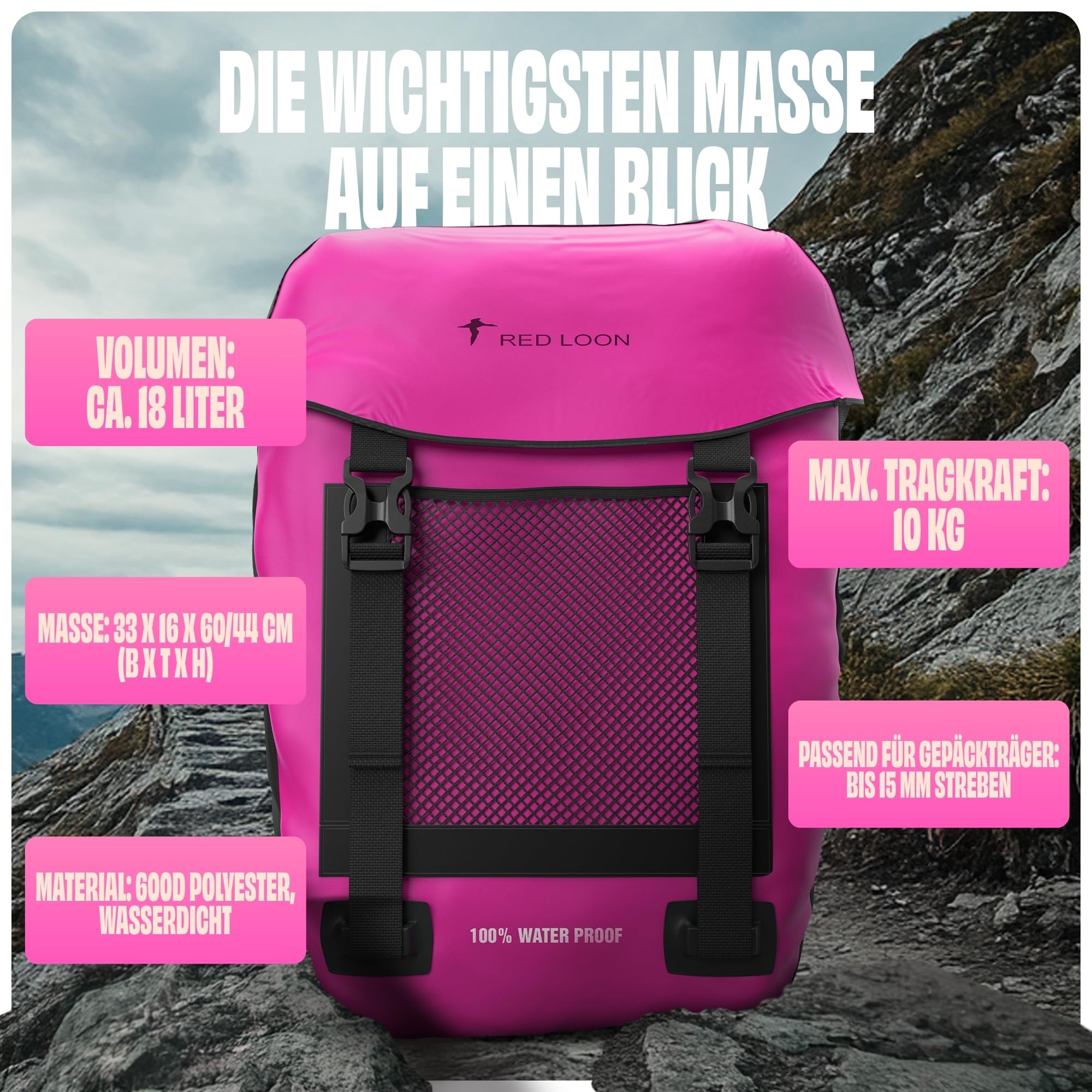 Red Loon wasserdichte Fahrradtasche Gepäckträger robuste Fahrradtasche hinten Gepäckträger - Fahrradtaschen für Gepäckträger ebike - regenfeste Fahrradtasche Gepäckträger E-Bike - Pink