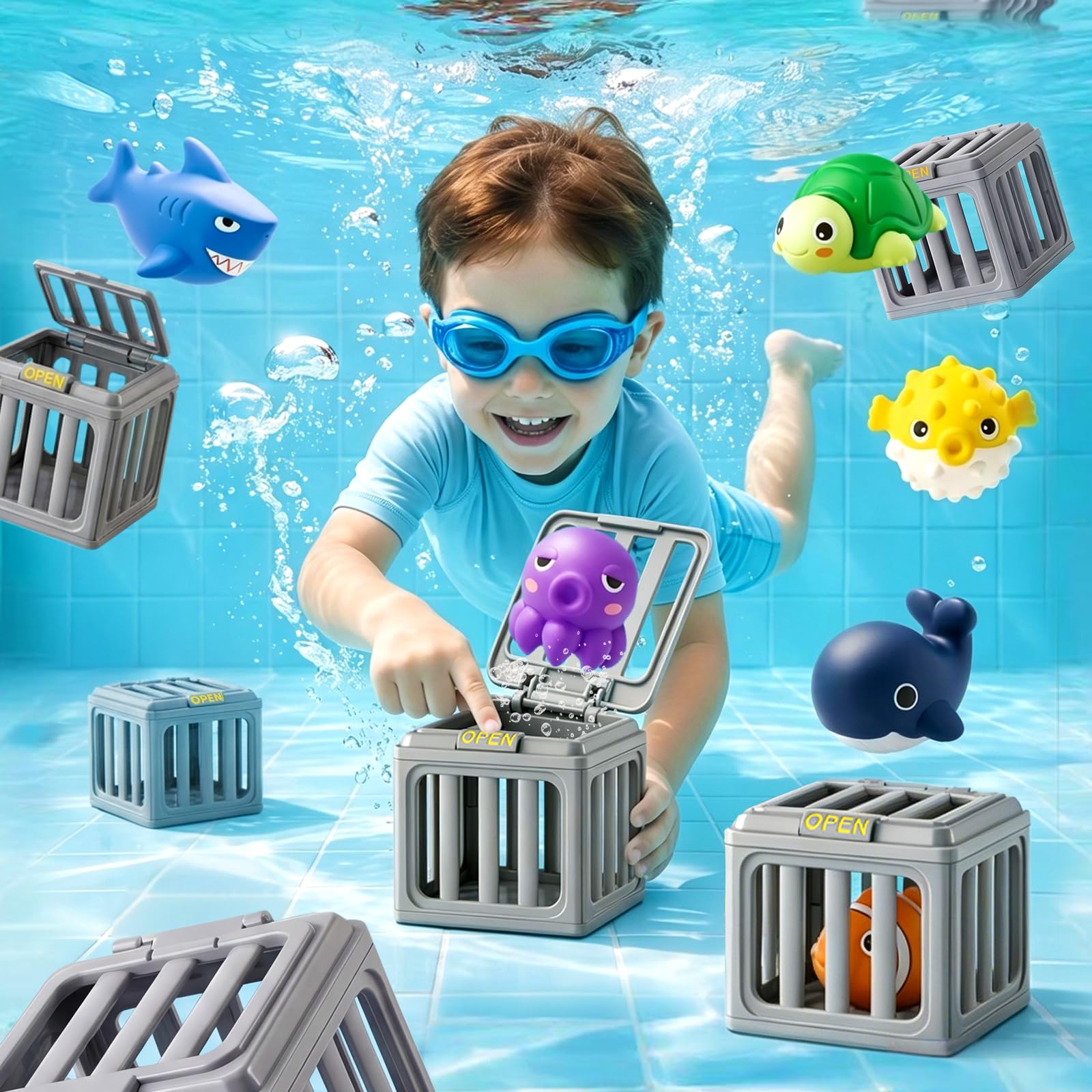 Kinder-Pool-Tauchspielzeug, Unterwasser-Tauch-Rettungsspielzeug mit 6 Ozeantieren und gewichteten Käfigen, interaktives Schwimmbad-Tauchspielzeug für Training, lustiger Sommer, Outdoor, Strand