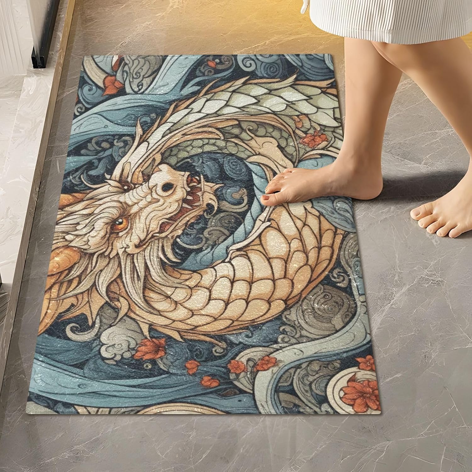 Dragon Pattern Absorbent Bathroom Rug Set, Extra Soft Thick Plush Bath Mat, Non-Slip Shaggy Bath Rug for Tub, Shower and Bath, Machine Washable