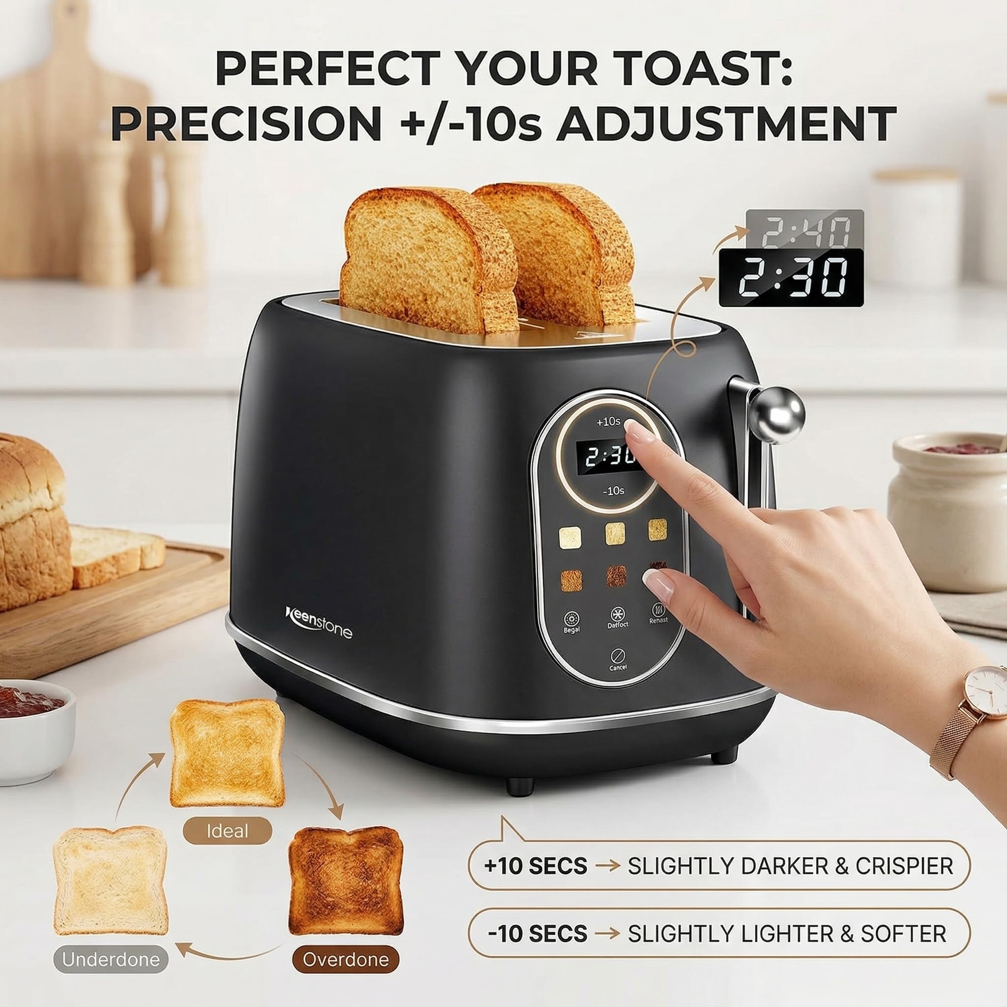 Keenstone tostapane touch control, tostapane retrò touch screen, tostapane in acciaio inox a 2 fette con scanalatura extra larga con bagel, surriscaldamento, sbrinamento,