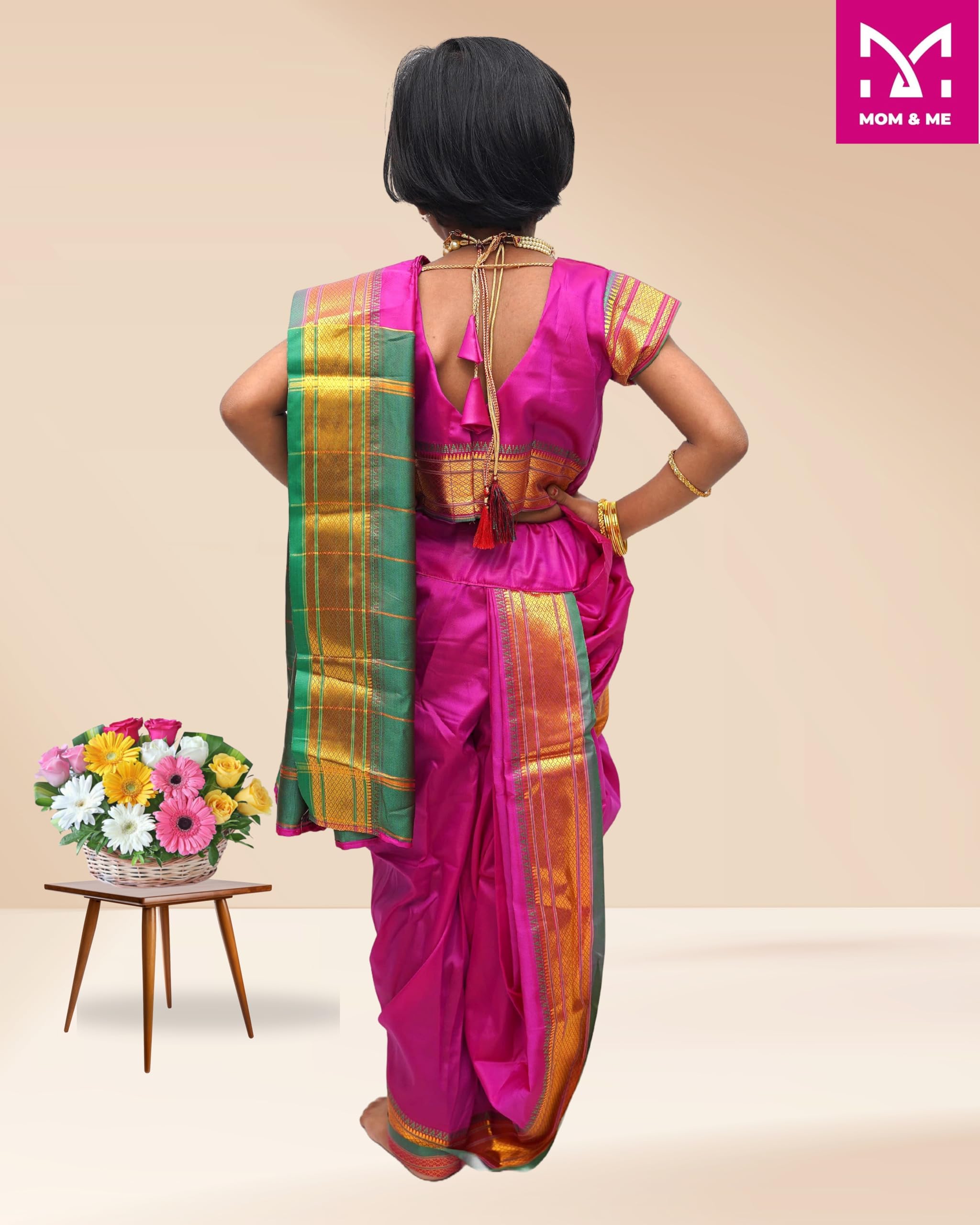 Mom and Me Nauvari Saree for Girls/Baby Girl, Ready to Wear, Marathi Maharashtrian Traditional Saree, Festival Outfit for Puja, Ganpati Festival, School Programs stitch Blouse (Purple, 8-9 Years) - Image 6 thumbnail
