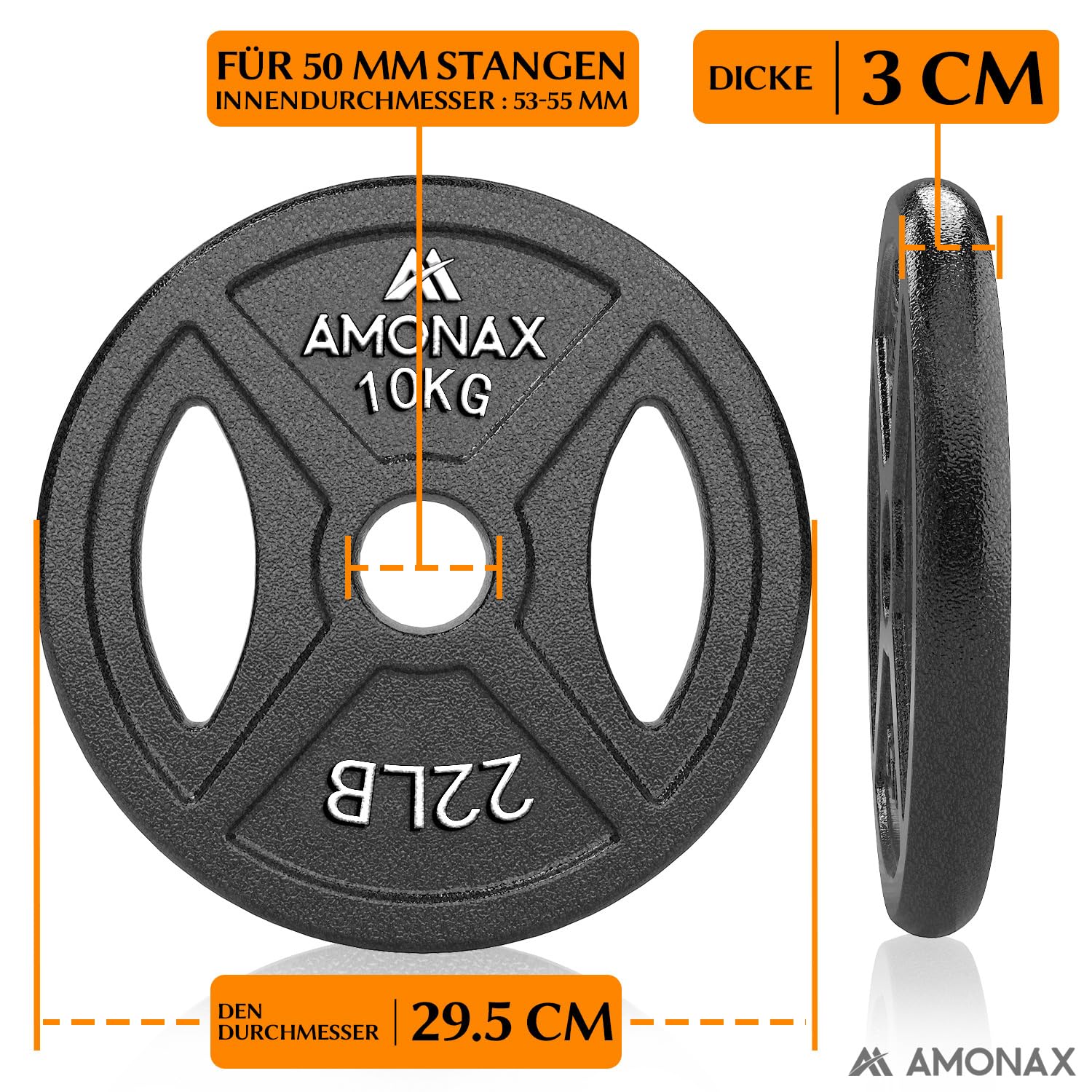 Amonax AMONAX Gusseisen Hantelscheiben Set, 2,5kg, 5kg, 10kg Hantel Set für 25mm & 50mm Olympia Gewichte Hantel Bar, Metall Hantelscheiben für Gewichtheben und Hip Thrust, Hantelscheiben für Home Gym