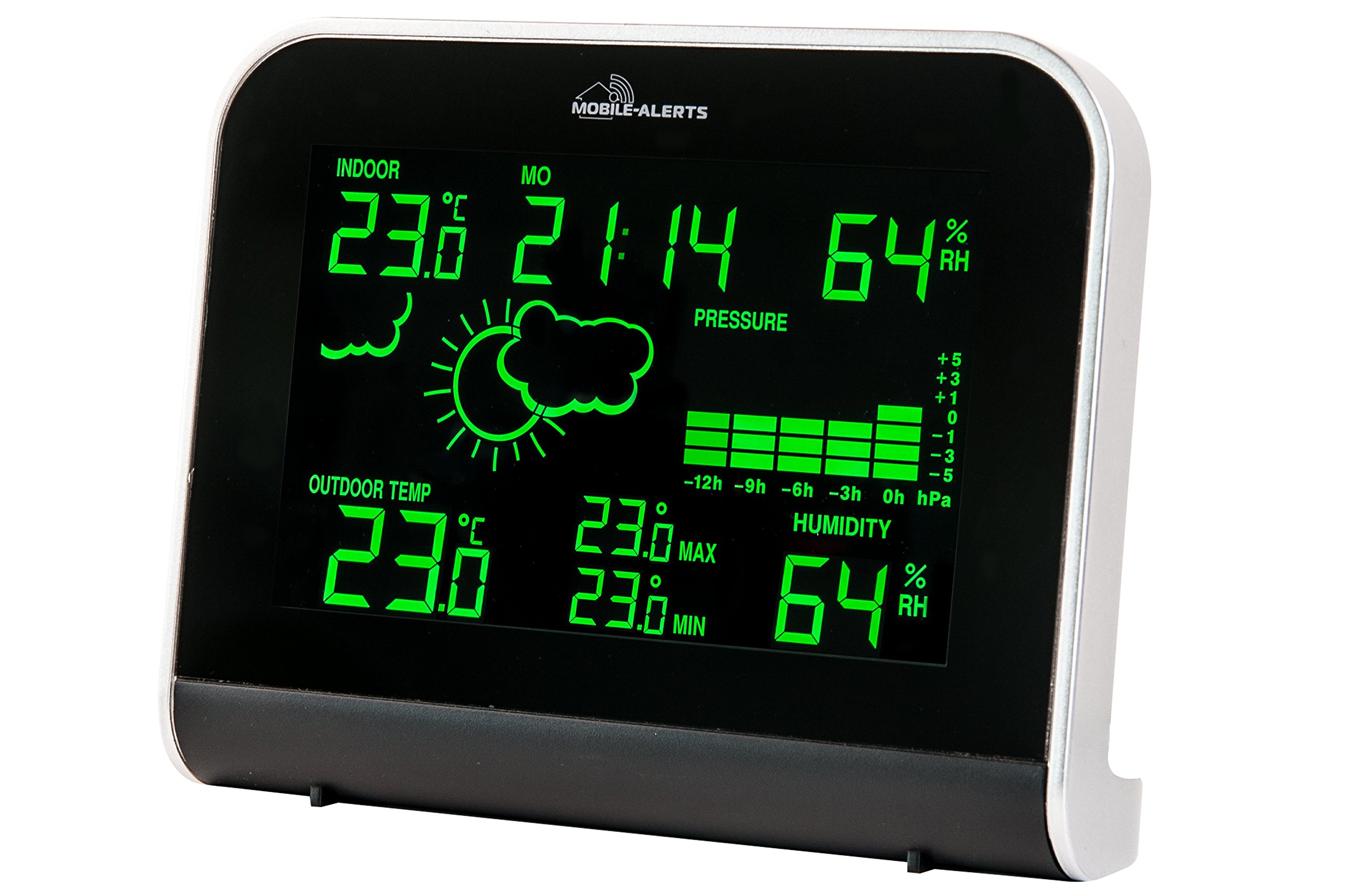 Technoline 10920 - stacja pogodowa z podłączeniem do domowego systemu monitoringu MOBILE ALERTS, transmisja wartości do smartfona, wyświetlacz LED w różnych trybach świecenia, czarny