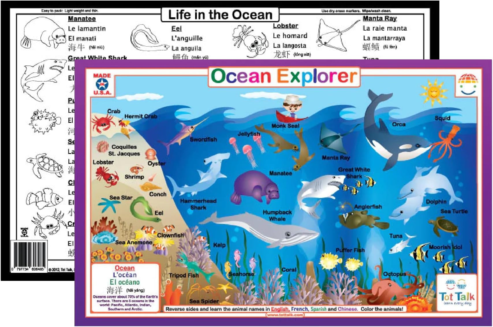Ocean Explorer Placemat for Kids – Double-Sided Waterproof Wipeable – Made in USA – Sea Creature Names in English, Spanish, Chinese, French – Color on Reverse – 11.5" x 17.5"